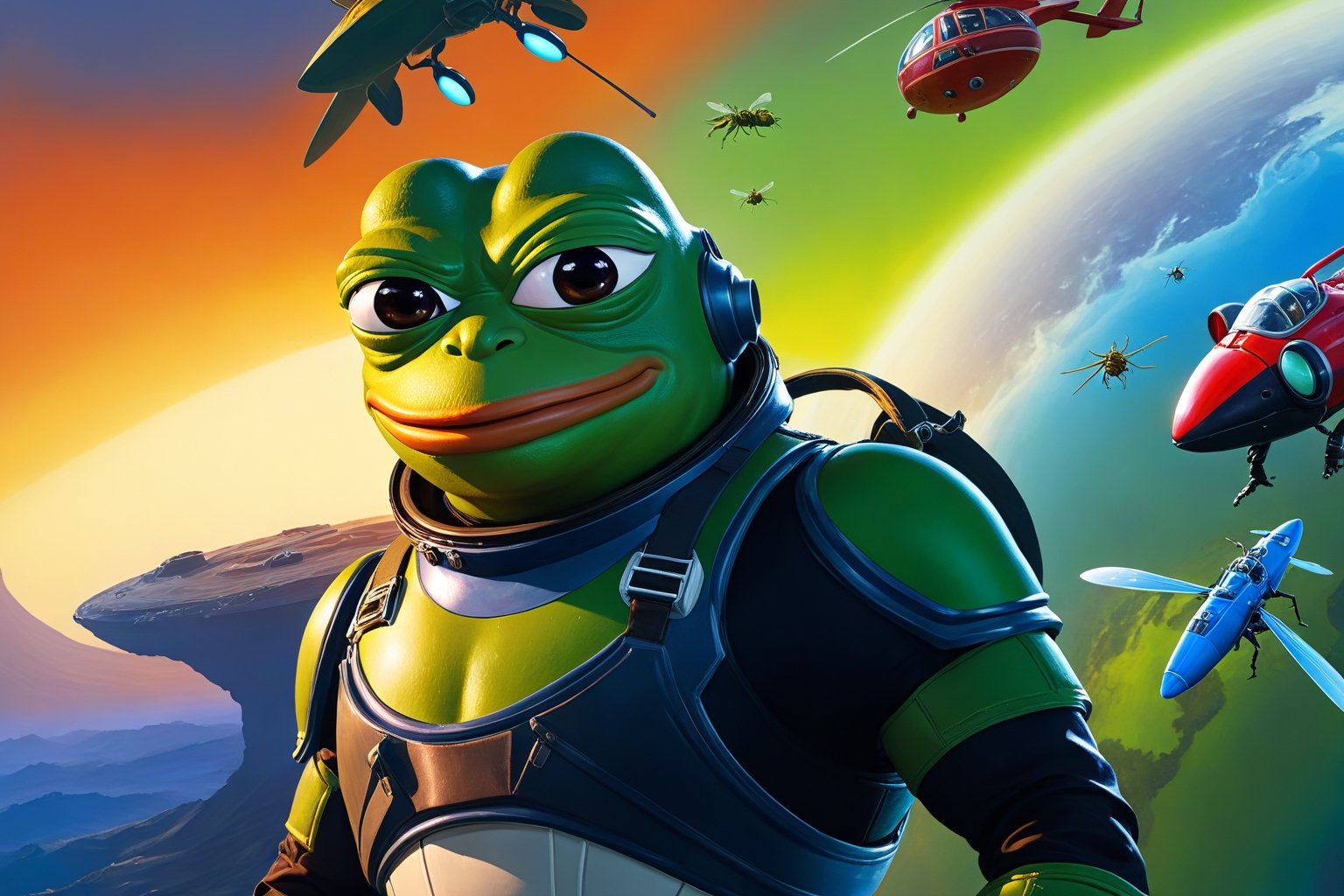 Pepe the frog and chad wojak both wearing helldiver, having a great time, fighting against giant alien insects, background(alien planet), fantasy, Oil painting, heavy brush strokes, colourful, epic art, (masterpiece, highres, high quality:1.2), ambient occlusion, low saturation, High detailed, Detailedface, Dreamscape