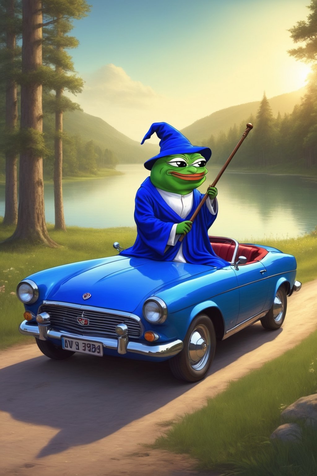 Pepe(frog, old, wearing wizard robe, beard, long white beard, wizard staff, smug), riding a blue classic car, background(rural, lakeside, forest, day),(masterpiece, highres, high quality:1.2), ambient occlusion, low saturation, High detailed, Detailedface, (shot from distance),Wojak, 2d