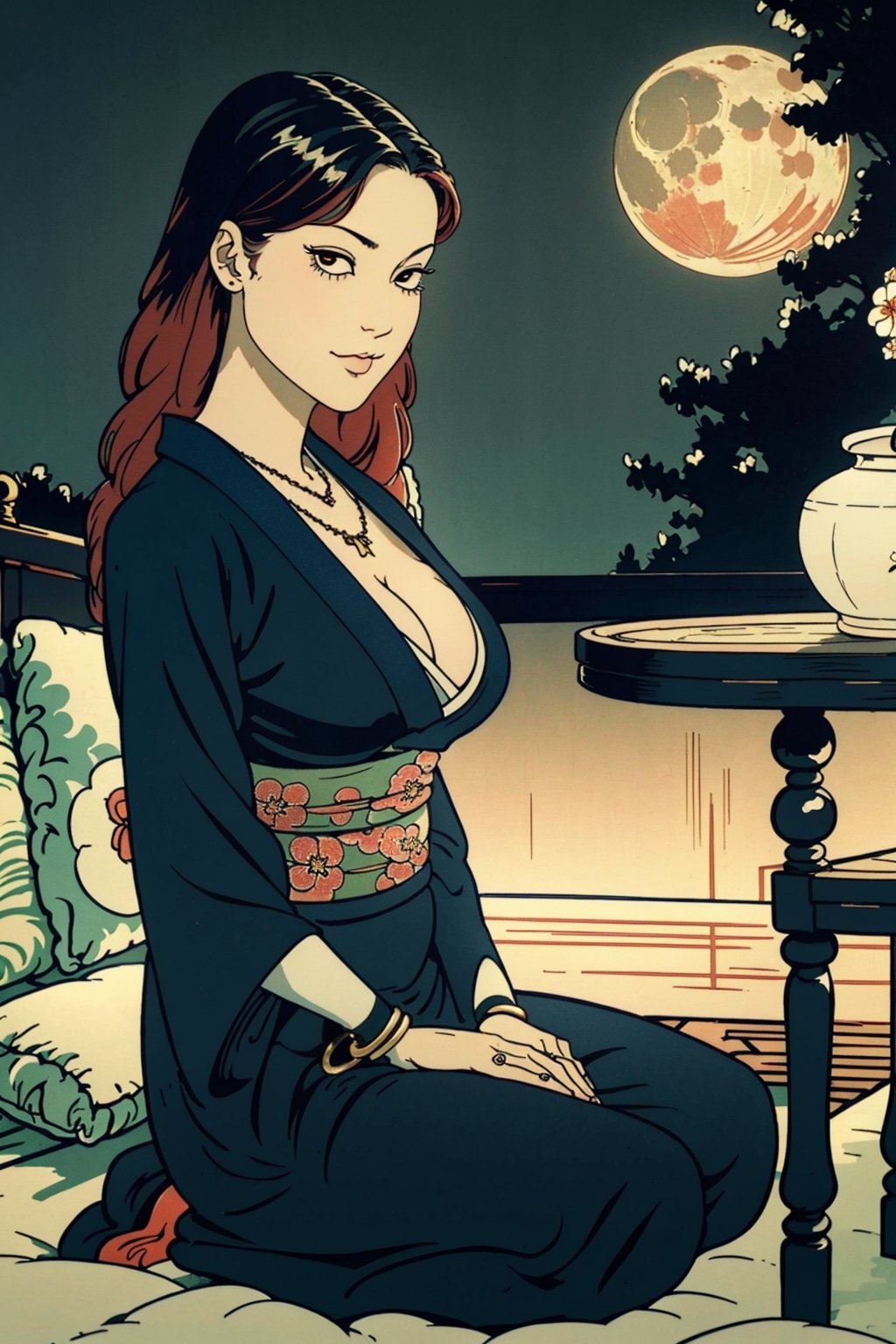 woman\(slim body, long red hair, red eye color, jewelery, bridal gauntlets, rings, amulets, eyelashes, big breasts, large cleavage, wearing yukata, sandal, feminine, beautiful, mistress\) The scene should convey a seductive and arrogant smug expression on her face, with an air of arrogance as she maintains eye contact with the viewer, (full body), sitting, background(luxurious japanese balcony, pillows, sky, night, moon, table(sake), pots with flowers),(masterpiece, highres, high quality:1.2), ambient occlusion, low saturation, High detailed, Detailedface