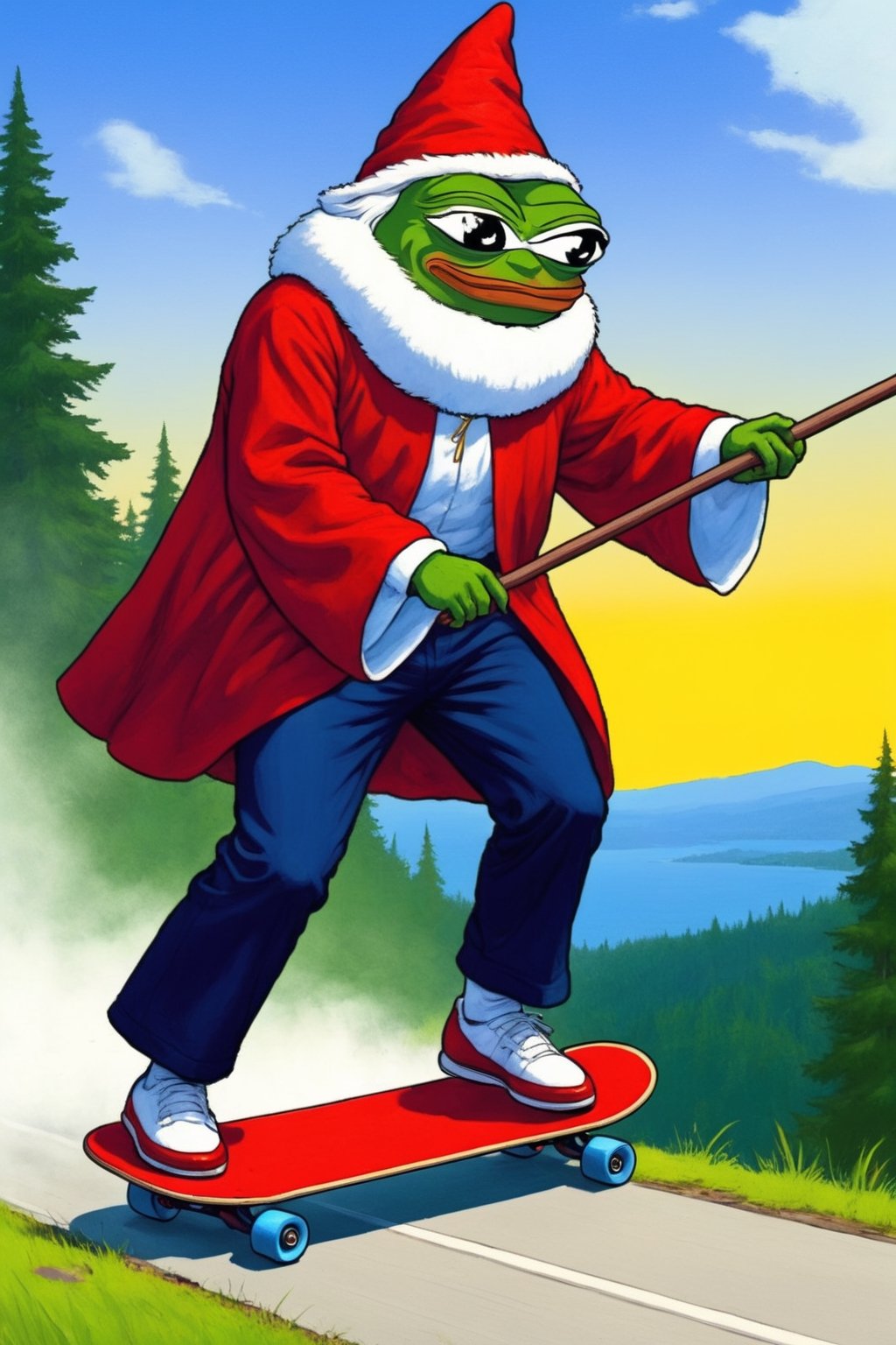 Pepe(frog, old, wearing wizard robe, long white beard, wizard, holding magical staff, smug), on a skateboard, flying in the air, background(rural road, lakeside, forest, day),(masterpiece, highres, high quality:1.2), ambient occlusion, low saturation, High detailed, Detailedface, (shot from distance),Wojak, 2d