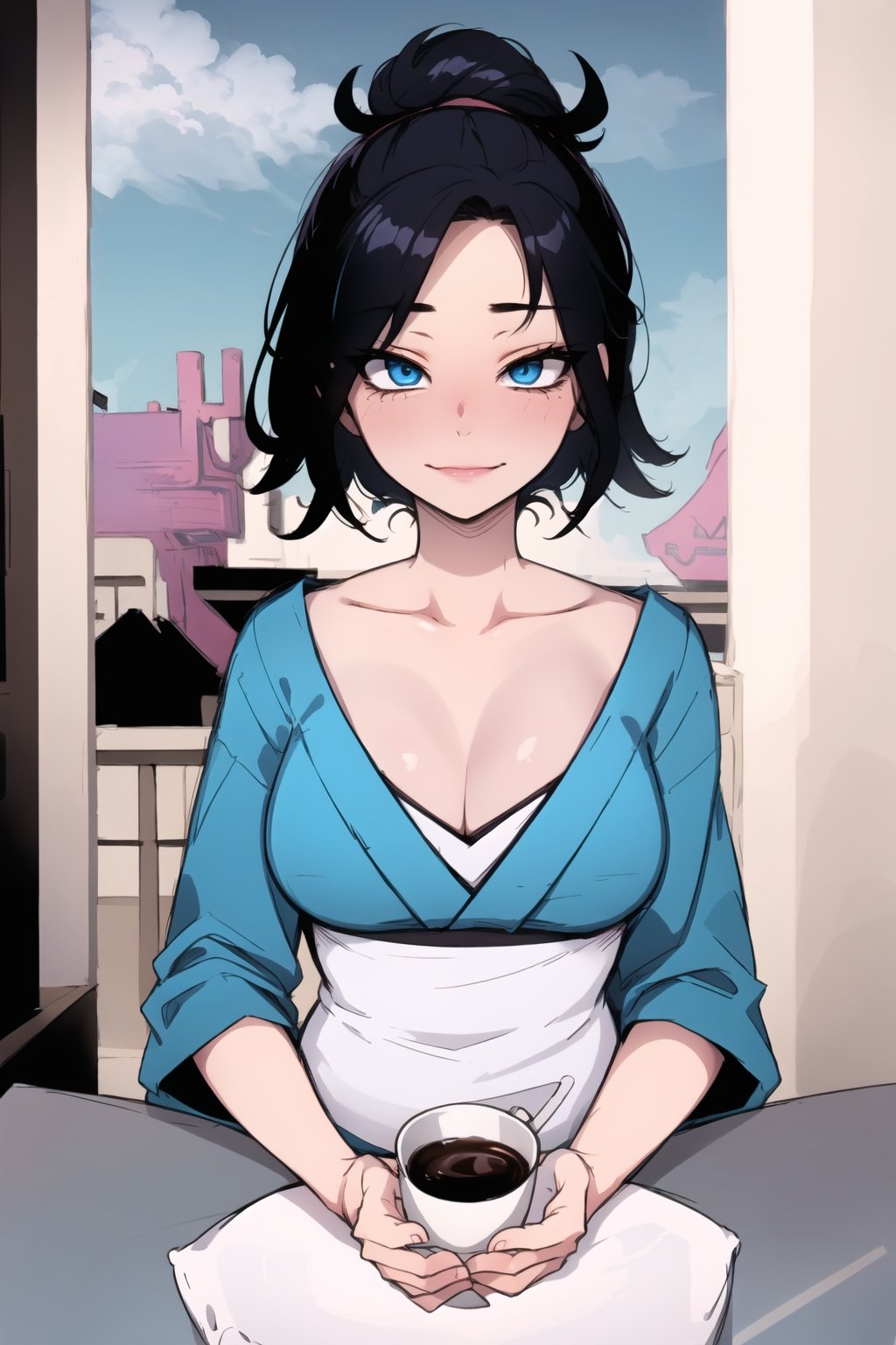 pov across table, looking at viewer, sitting, solo, cup of coffee, table, plate, depth of field, cake, head rest, woman\(skinny body, 20 year old, black hair, blue eyes, eyelashes, cleavage, wearing yukata dress, feminine, beautiful, mistress\), The scene should convey a seductive arrogant smile expression on her face, with an air of smugness as she maintains eye contact with the viewer, blurry background(luxurious arabian balcony, outdoor, sky, day, mecca, pillows),(masterpiece, highres, high quality:1.2), ambient occlusion, low saturation, High detailed, Detailedface,ratatatat74 style