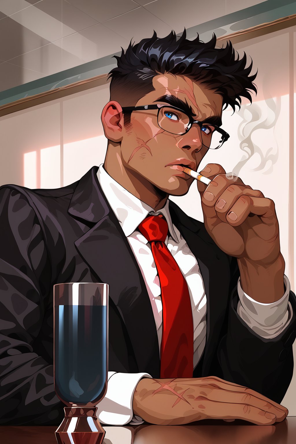 score_9, score_8, score_7, score_7_up, score_8_up, 1man(young, 20 year old, handsome, masculine, wearing black business suit with red tie and cowbow hat, glasses, pip-boy on his left arm, tanned skin, scars, short black hair, tall, muscles, strong jaw, sharp cheekbones, thin lips, blue eyes, bored expression), sitting, cigarette, glass of wishkey and bottle on the table, inside a Western saloon bar, indoor,falloutcinematic, retro futurism, western style,g4n1m3,csr style