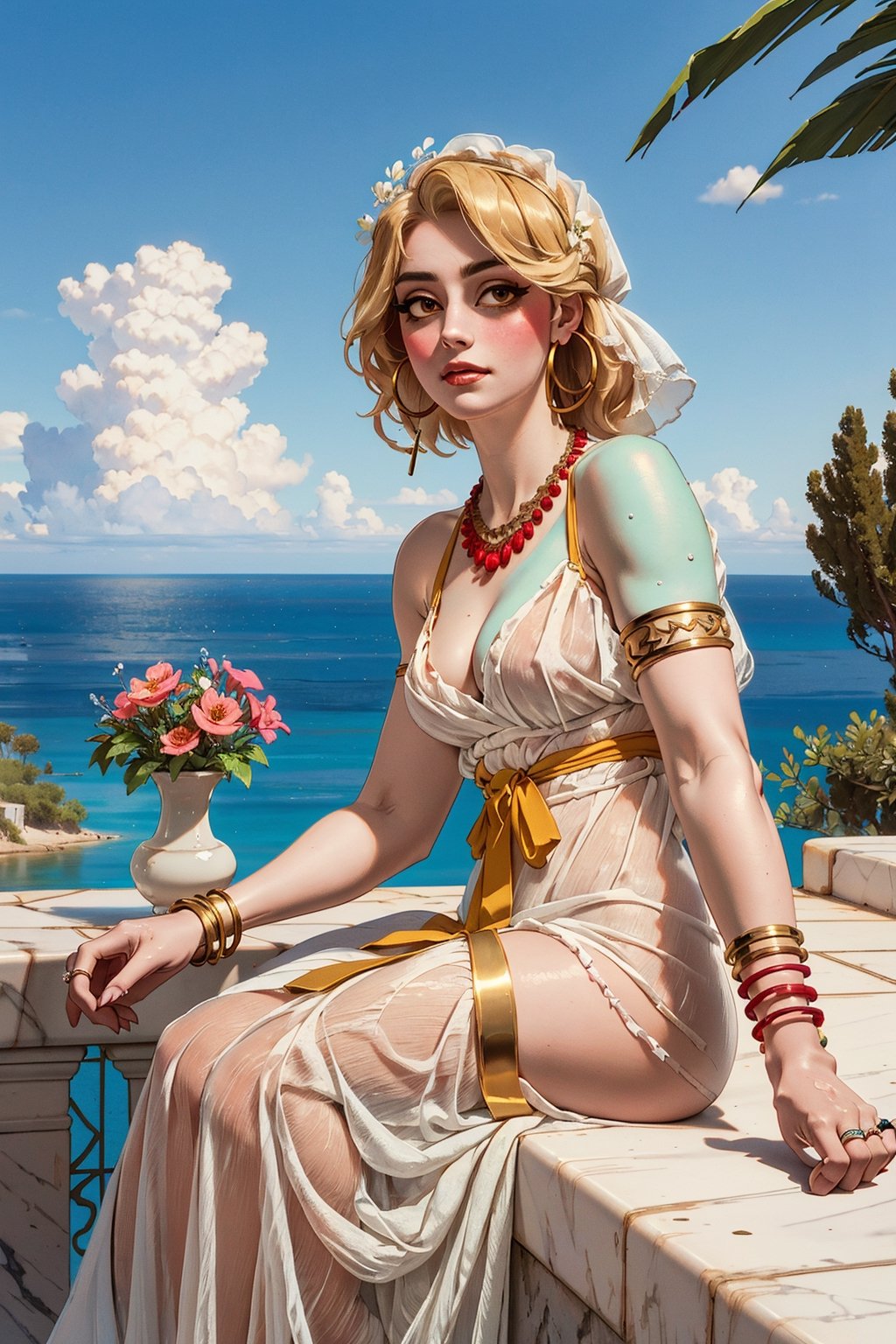 Charlie(slim body, eyelashes, jewelry, earrings, necklace, armlet, bracelet, ring, wearing white roman dress, small cleavage, headdress, bare shoulders, hoop earrings, bridal gauntlets, long blonde hair, feminine, beautiful), looking at viewer seductively, sitting, background(flower, outdoors, day, short hair, sky, tree, plant, cloud, ocean, water, potted plant, vase, scenery), (masterpiece, highres, high quality:1.2), low saturation,High detailed,perfect