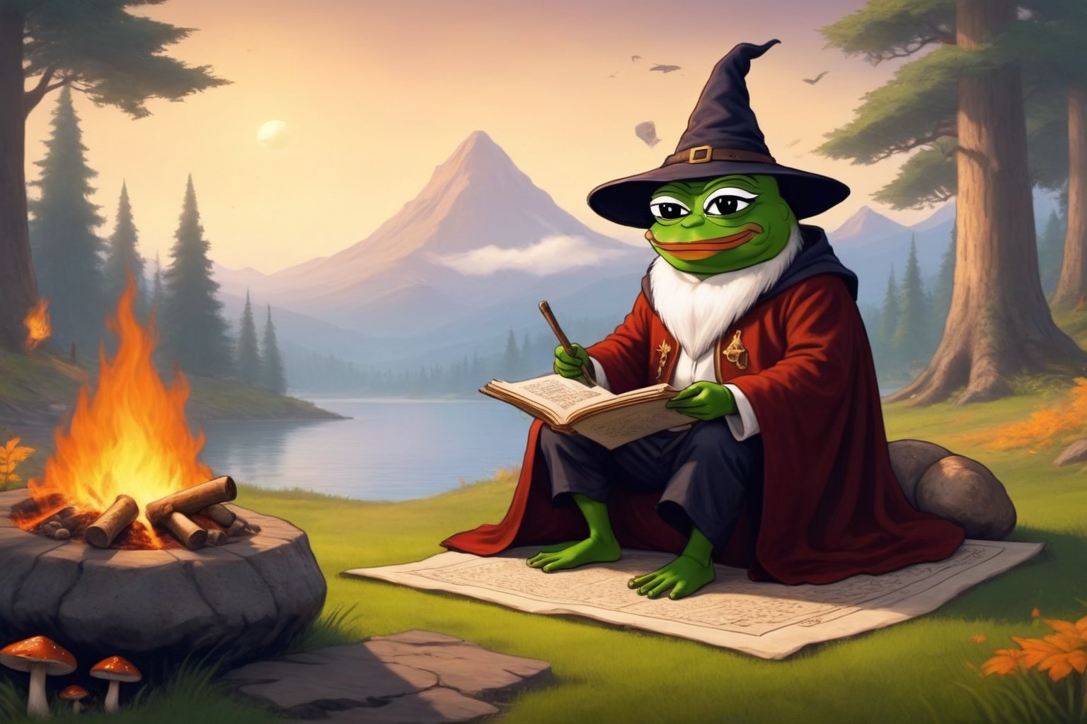 Pepe(frog, old, wearing wizard robe, long white beard, wizard, reading a scroll), sitting and resting on lakeside, campfire, boiling tee, background(outdoor, giant mushrooms, day),(masterpiece, highres, high quality:1.2), ambient occlusion, low saturation, High detailed, Detailedface, (shot from distance),Wojak