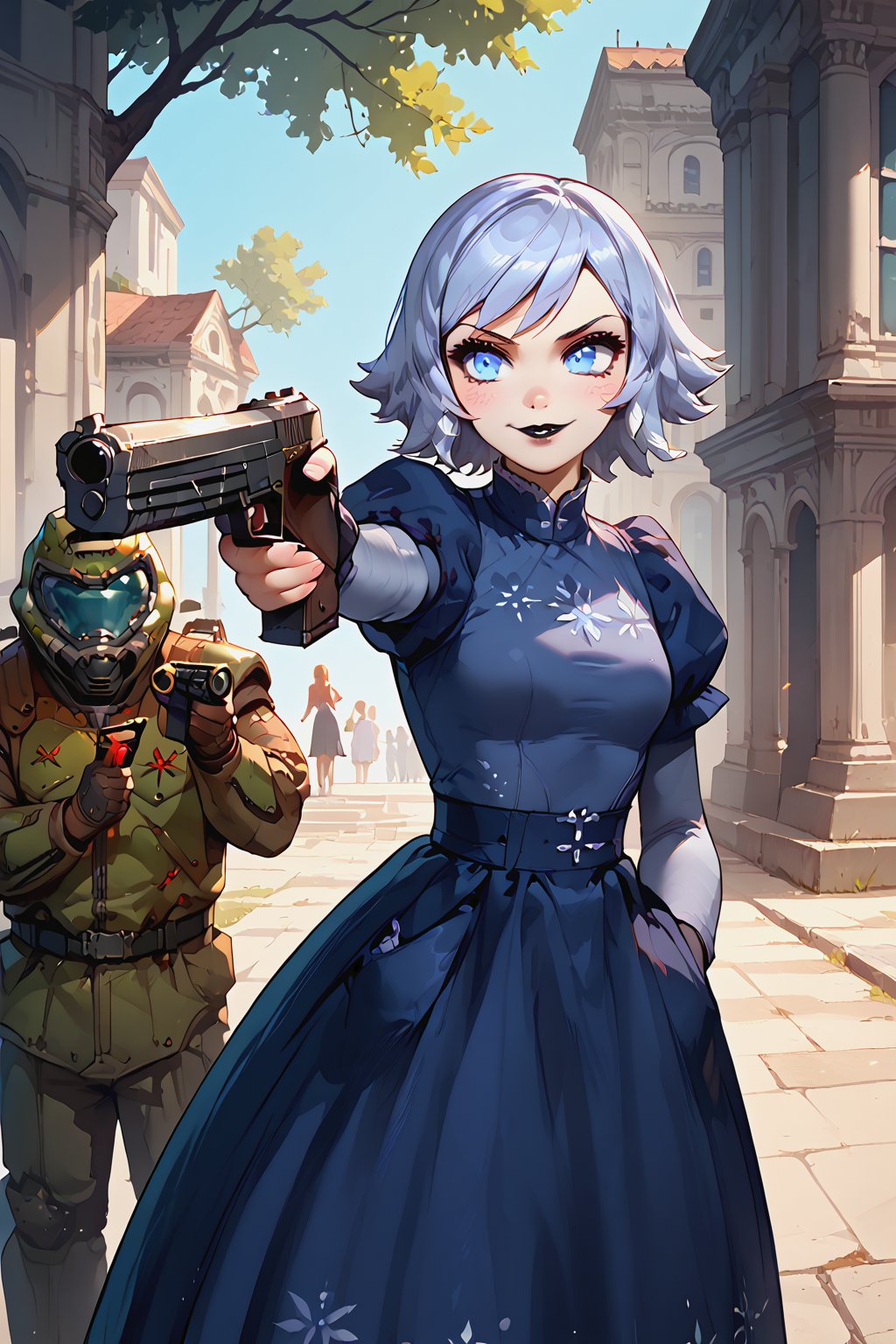 score_9, score_8, score_7, score_7_up, score_8_up, 1boy\(male human, tall, armor, Doomguy Helmet\) with 1girl\(Emily, black lipstick, smile on her face, short, pouty lips, wearing a dress, TURKISH KILLER POSE,HOLDING HANDGUN,LOOKING AT GUN, AIMING, HAND IN POCKET), park, hetero, western style