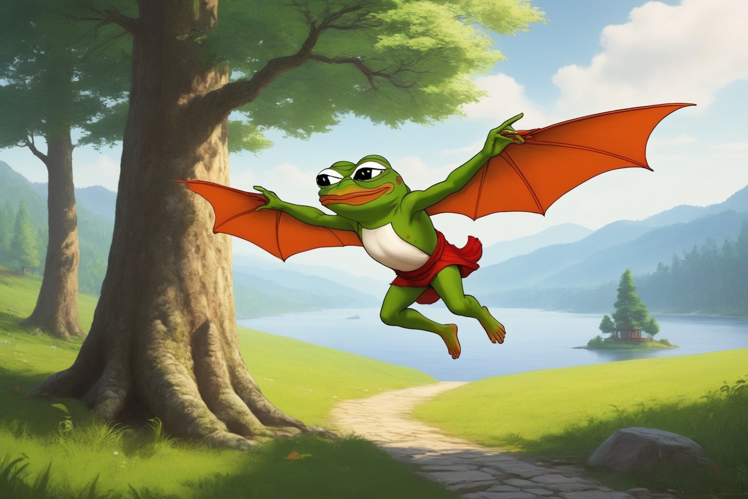 Pepe(frog, old, dragon skin, wearing Xianxia outfit, long white beard), flying in the air, background(rural area, lakeside, forest, day),(masterpiece, highres, high quality:1.2), ambient occlusion, low saturation, High detailed, Detailedface, (shot from distance),Wojak, 2d, Xianxia fantasy