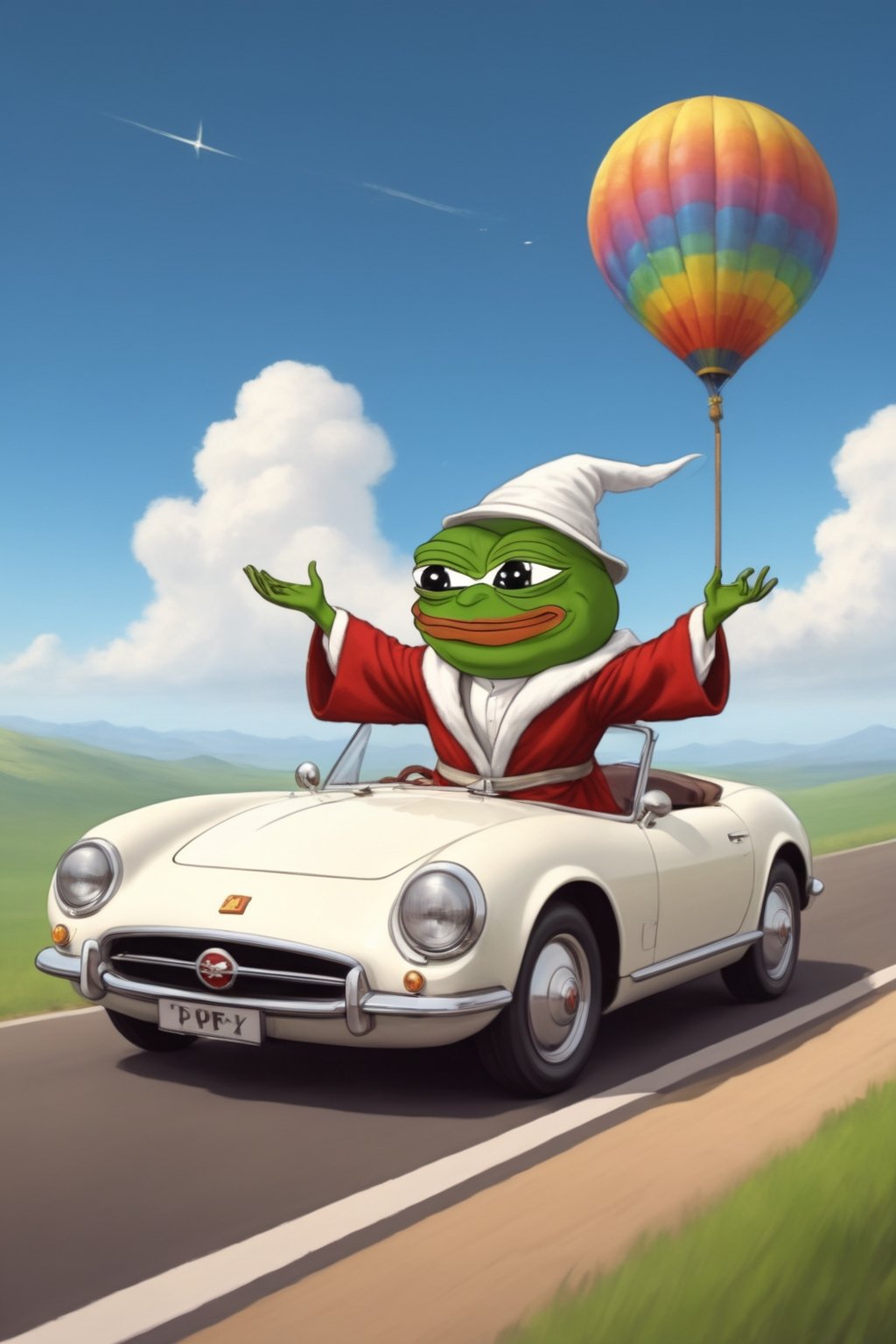 Pepe(frog, old, wearing wizard robe, long white beard, wizard hat, smug), riding a  magical classic car that is flying in the sky, background(sky, day),(masterpiece, highres, high quality:1.2), ambient occlusion, low saturation, High detailed, Detailedface, (shot from distance),Wojak, 2d