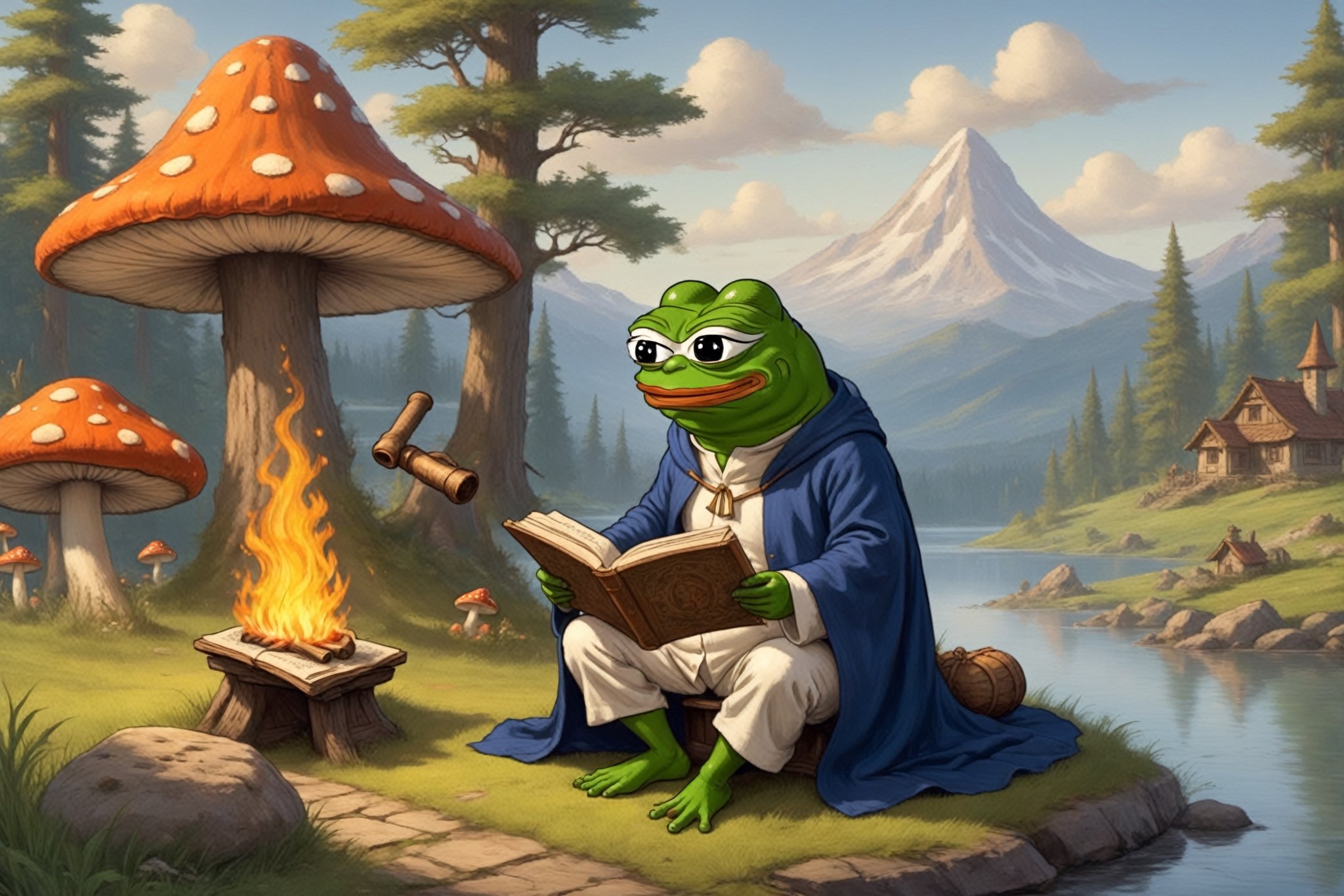 Pepe(frog, old, wearing wizard robe, long white beard, wizard, reading a scroll), sitting and resting on lakeside, campfire, boiling tee, background(outdoor, giant mushrooms, day),(masterpiece, highres, high quality:1.2), ambient occlusion, low saturation, High detailed, Detailedface, (shot from distance),Wojak