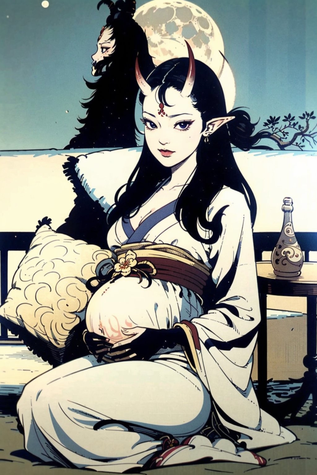 woman(slim body, long black hair, red eye color, jewelery, bridal gauntlets, rings, amulets, eyelashes, large cleavage, wearing yukata, pregnant, sandal, feminine, beautiful, mistress, succubus, oni horns, demon elf) The scene should convey a seductive and arrogant smug expression on her face, with an air of arrogance as she maintains eye contact with the viewer, (full body), sitting, background(luxurious japanese balcony, pillows, sky, night, moon, table(sake), pots with flowers),(masterpiece, highres, high quality:1.2), ambient occlusion, low saturation, High detailed, Detailedface