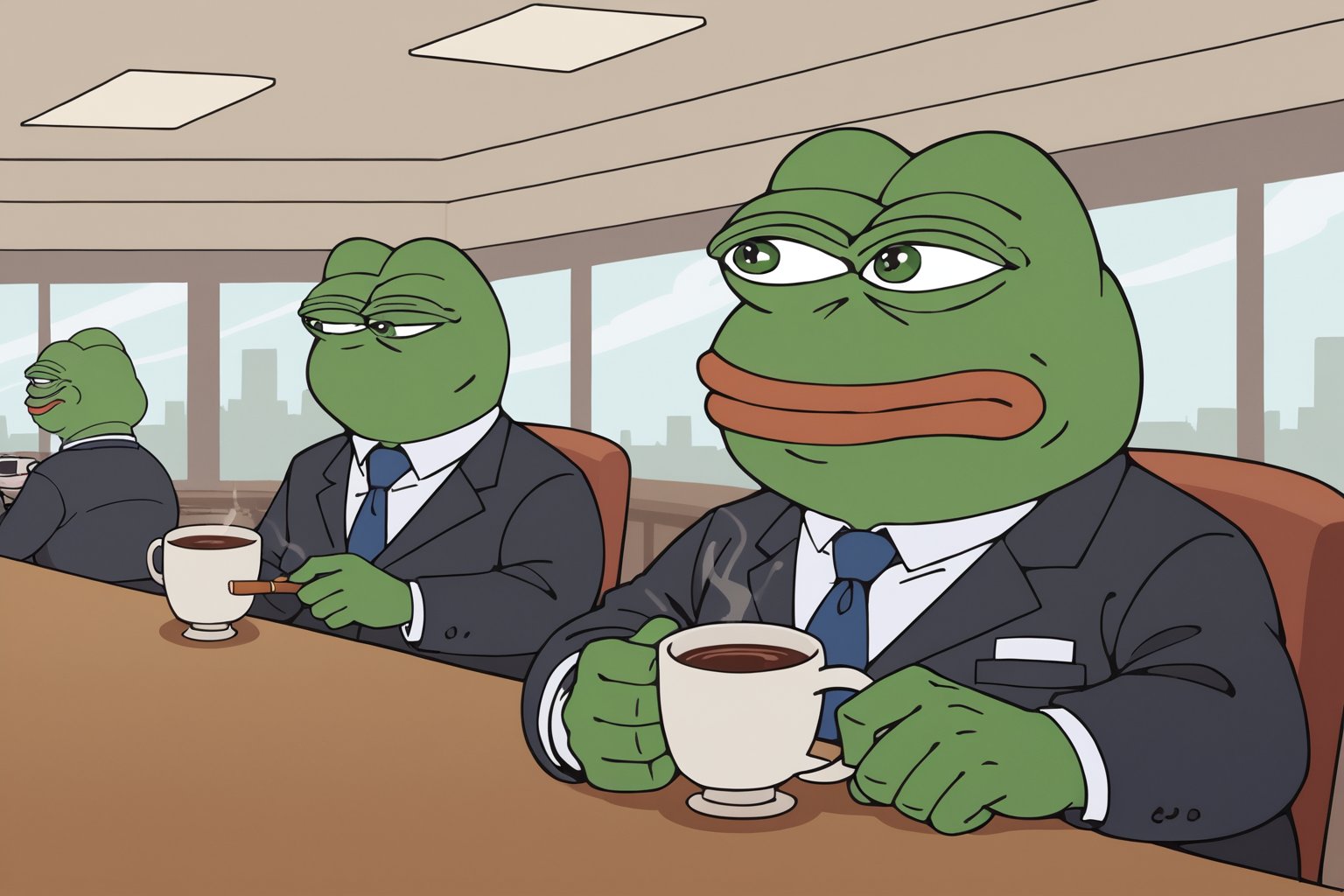 score_9, score_8, score_7, score_7_up, score_8_up, pepe the frog wearing black business suit, smoking a cigar, upper body, coffee, sitting on a chair, BREAK, café, interior, multiple girls in background