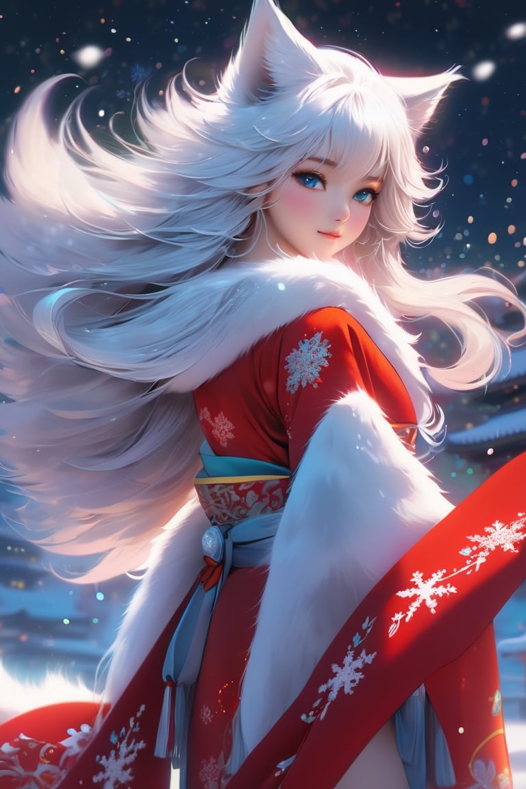 the fur beautiful, body, full body, hairyskin,fantasy, subsurface scattering, perfect anatomy,  glow, bloom, Bioluminescent liquid,china style,Movie Still, royal color, vibrant, volumetric light (masterpiece, top quality, best quality, official art, beautiful and aesthetic:1.2), (1girl),extreme detailed,(abstract, fractal art:1.3),colorful hair,highest detailed, detailed_eyes,snowflakes, ice crystals, light_particles,snow fox girl,babyface, perfect body, five fingers, perfect hands, anatomically perfect body, sexy posture,(aqua eyes),(white hair), long straight hair, wear semi-transparent red night dress very loose and slovenly, luxury kimono, ((model pose)), fur trim, wide sleeves, gloves, jacket, barefeet, fox, dance Stance,dynamic angle,depth of field, hyper detailed, highly detailed, beautiful, small details, ultra detailed, best quality, 4k,(whole body),spirit fox Pendant,mythical clouds,Xxmix_Catecat,cat