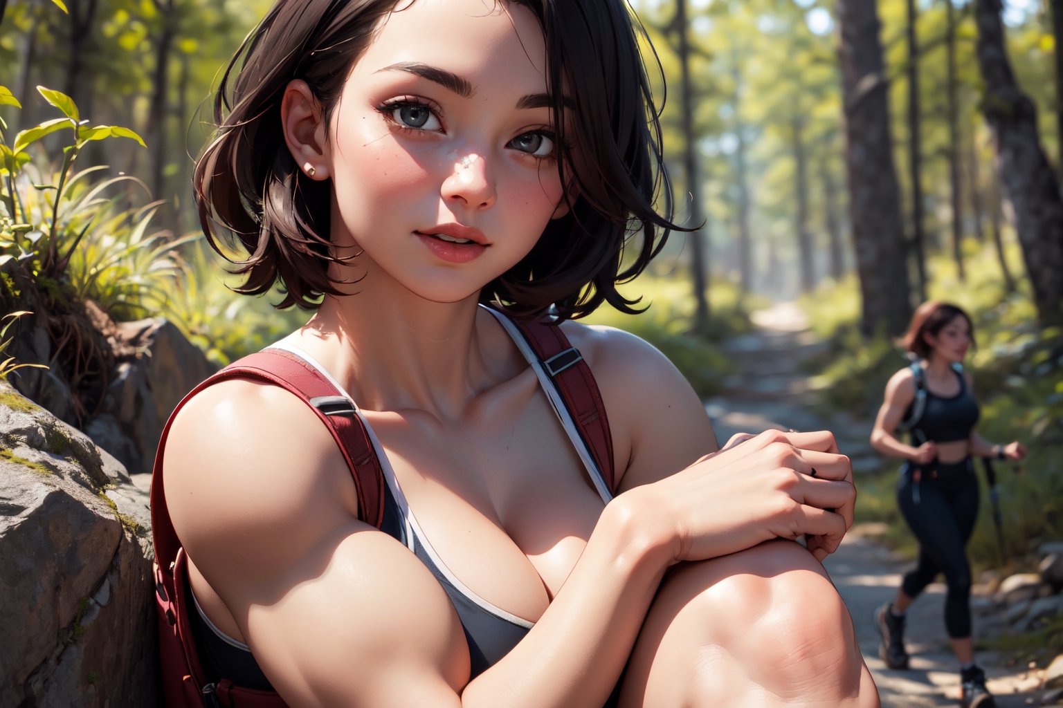 3girls, cute beautiful muscular  25-year-old with thick thighs ,  pixie haircut, in tight hiking gear taking a hike, highly detailed, detailed faces, beautiful hands, realistic, highest quality, masterpiece photo, nsfw, cleavage, happy, french_kiss,kiss