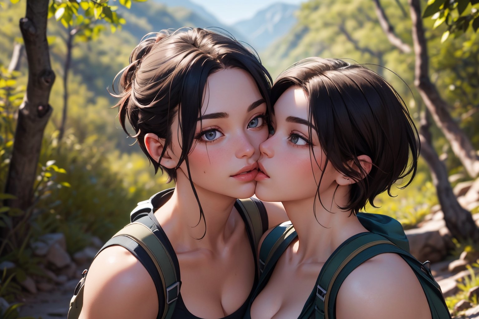 3girls, cute beautiful muscular  25-year-old with thick thighs ,  pixie haircut, in tight hiking gear taking a hike, highly detailed, detailed faces, beautiful hands, realistic, highest quality, masterpiece photo, nsfw, cleavage, happy, french_kiss,kiss