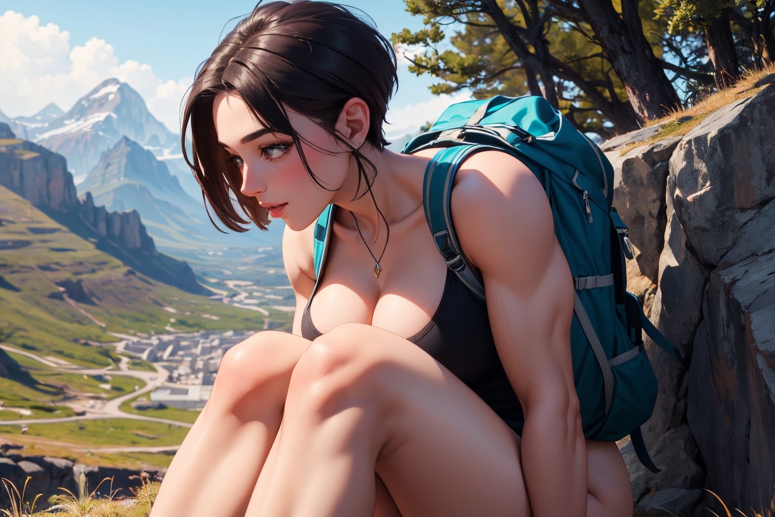 3girls, cute beautiful muscular  25-year-old with thick thighs ,  pixie haircut, in tight hiking gear taking a hike, highly detailed, detailed faces, beautiful hands, realistic, highest quality, masterpiece photo, nsfw, cleavage, happy, french_kiss,kiss