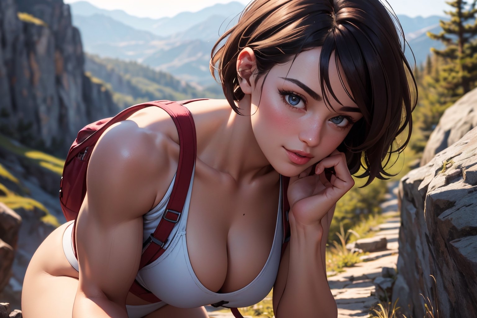 3girls, cute beautiful muscular  25-year-old with thick thighs ,  pixie haircut, in tight hiking gear taking a hike, highly detailed, detailed faces, beautiful hands, realistic, highest quality, masterpiece photo, nsfw, cleavage, happy, french_kiss,kiss