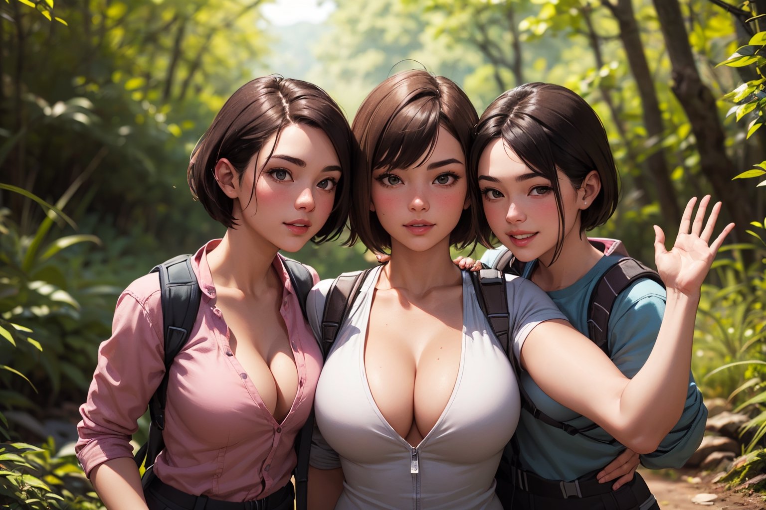 3girls, cute beautiful muscular  25-year-old with thick thighs ,  pixie haircut, in tight hiking gear taking a hike, highly detailed, detailed faces, beautiful hands, realistic, highest quality, masterpiece photo, nsfw, cleavage, happy, french_kiss