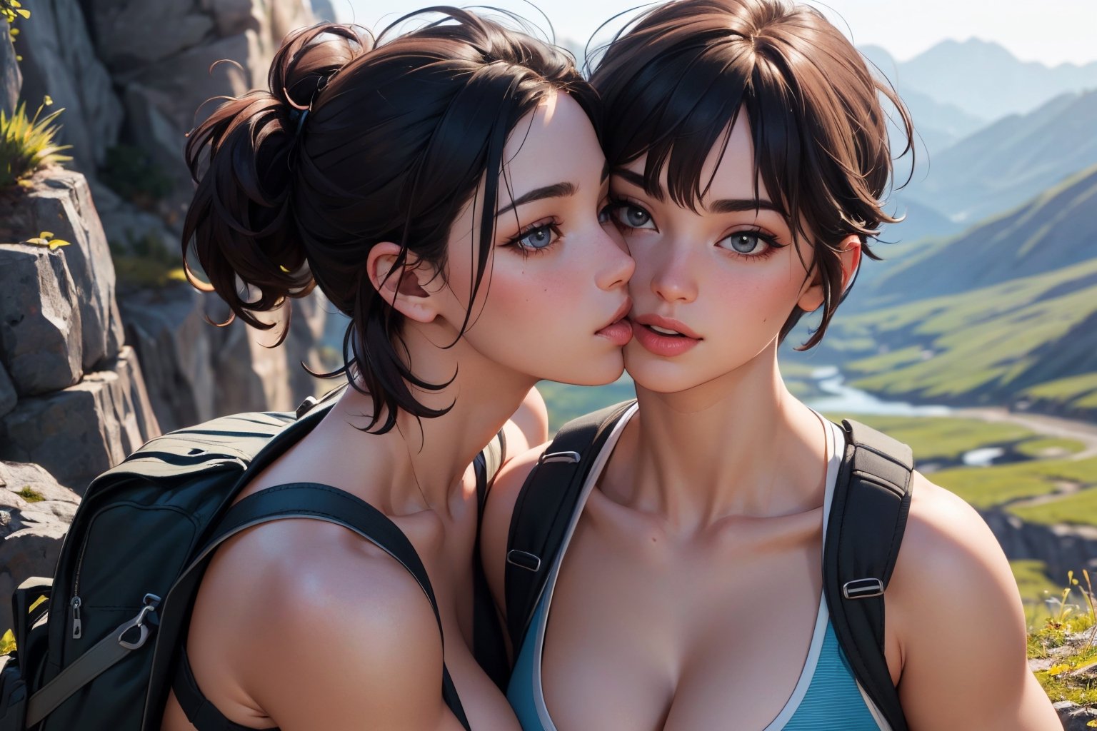 3girls, cute beautiful muscular  25-year-old with thick thighs ,  pixie haircut, in tight hiking gear taking a hike, highly detailed, detailed faces, beautiful hands, realistic, highest quality, masterpiece photo, nsfw, cleavage, happy, french_kiss,kiss