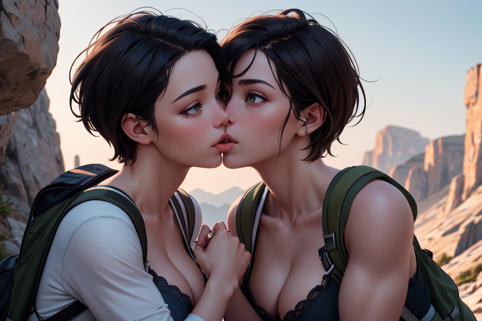 3girls, cute beautiful muscular  25-year-old with thick thighs ,  pixie haircut, in tight hiking gear taking a hike, highly detailed, detailed faces, beautiful hands, realistic, highest quality, masterpiece photo, nsfw, cleavage, happy, french_kiss,kiss