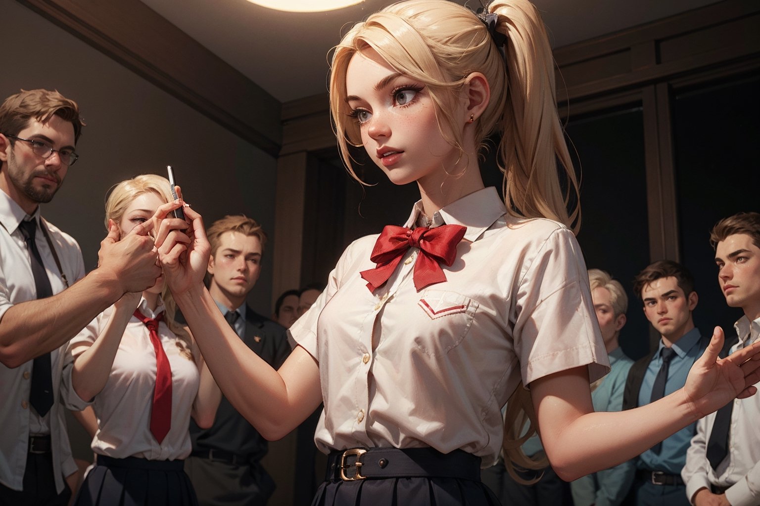 masterpiece, 1girl, solo focus, gyaru,blonde hair, side ponytail, petite, small breasts, school uniform, (6+boys), holding, grabbing, , (masterpiece:1.2), best quality, high resolution, unity 8k wallpaper, (illustration:0.8), extremely detailed face, perfect lighting, extremely detailed CG, (perfect hands, perfect anatomy), (masterpiece, best_quality, ultra-detailed, immaculate:1.3), epic, illustration, render, 