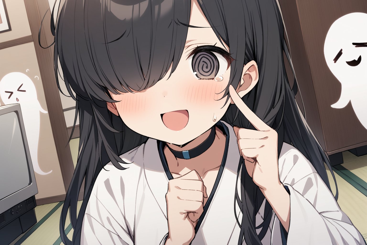 1 little girl, solo, upper body, diagonal angle, 
black hair, long hair, ahoge, black eyes, (hair over one eye:1.2), 
@_@, chestnut mouth, confused, troubled, tearful, 
choker, white long kimono,
(smiling ghosts:1.2), >_<,
pointing at own face with own index finger,
an old tv,
tatami, japanese showa, 
masterpiece, best quality, very aestheric,