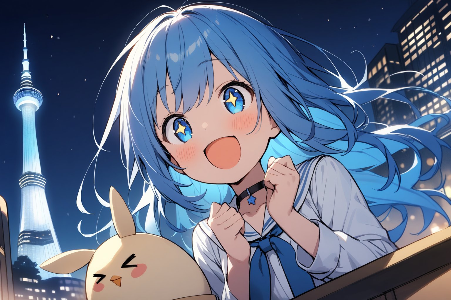 1 little girl, solo, upper body, diagonal angle, 
blue hair, long hair, blue eyes, +_+, open mouth, smile, Excited, cheerful, 
choker, white shirt, long sleeves, blue tie, closed neck,
humpty dumpty, >_<,
night, blue Illuminated Skytree in background, looking at the skytree,
masterpiece, best quality, very aestheric,