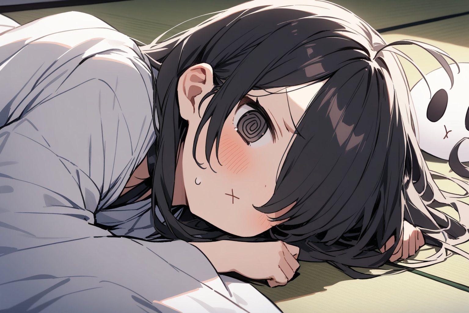 1 little girl, solo, upper body, diagonal angle, from side, Lying face down, looking at viewer,
black hair, long hair, ahoge, (hair over one eye:1.2), black eyes,
@_@, closed mouth, pout in anger,
choker, white long kimono,
ghosts, >_<,
tatami,futon,
masterpiece, best quality, very aestheric,