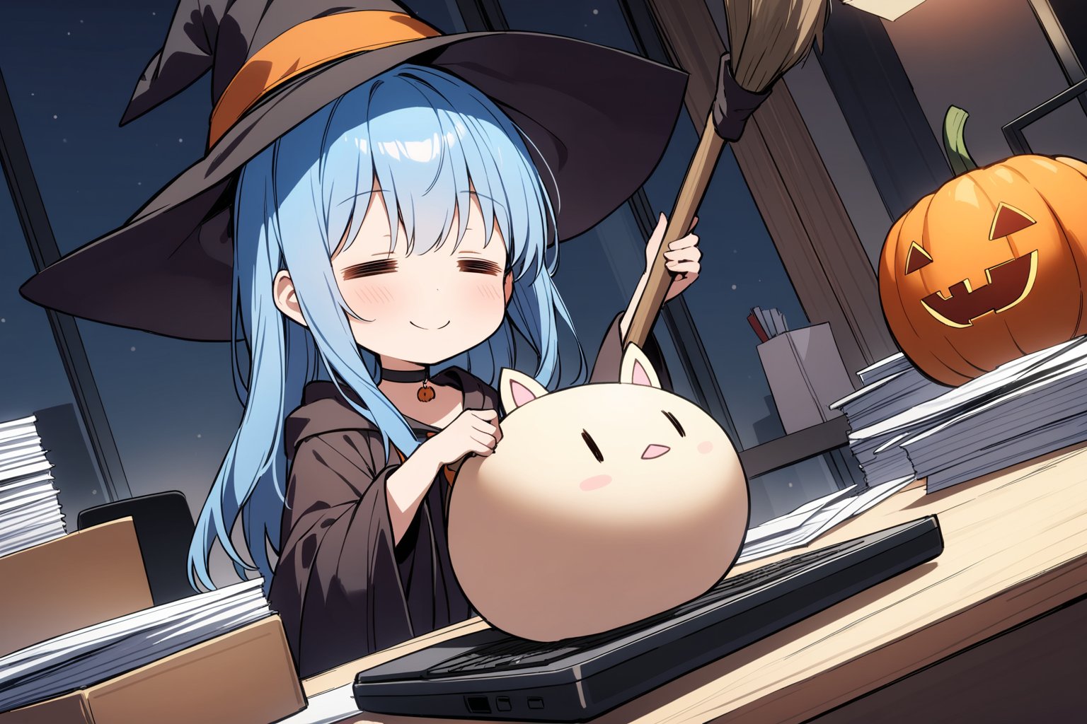 1 little girl, solo, upper body, diagonal angle,
blue hair, long hair, =_=, smile, cheerful, 
choker, black witch robe, black witch hat,
(sliling humpty dumpty:1.2), 
cleaning, holding a broom, Broom, Sweep with a broom,
in office, halloween, pumpkins, night, 
piles of documents, laptop, display,
masterpiece, best quality, very aesthetic,