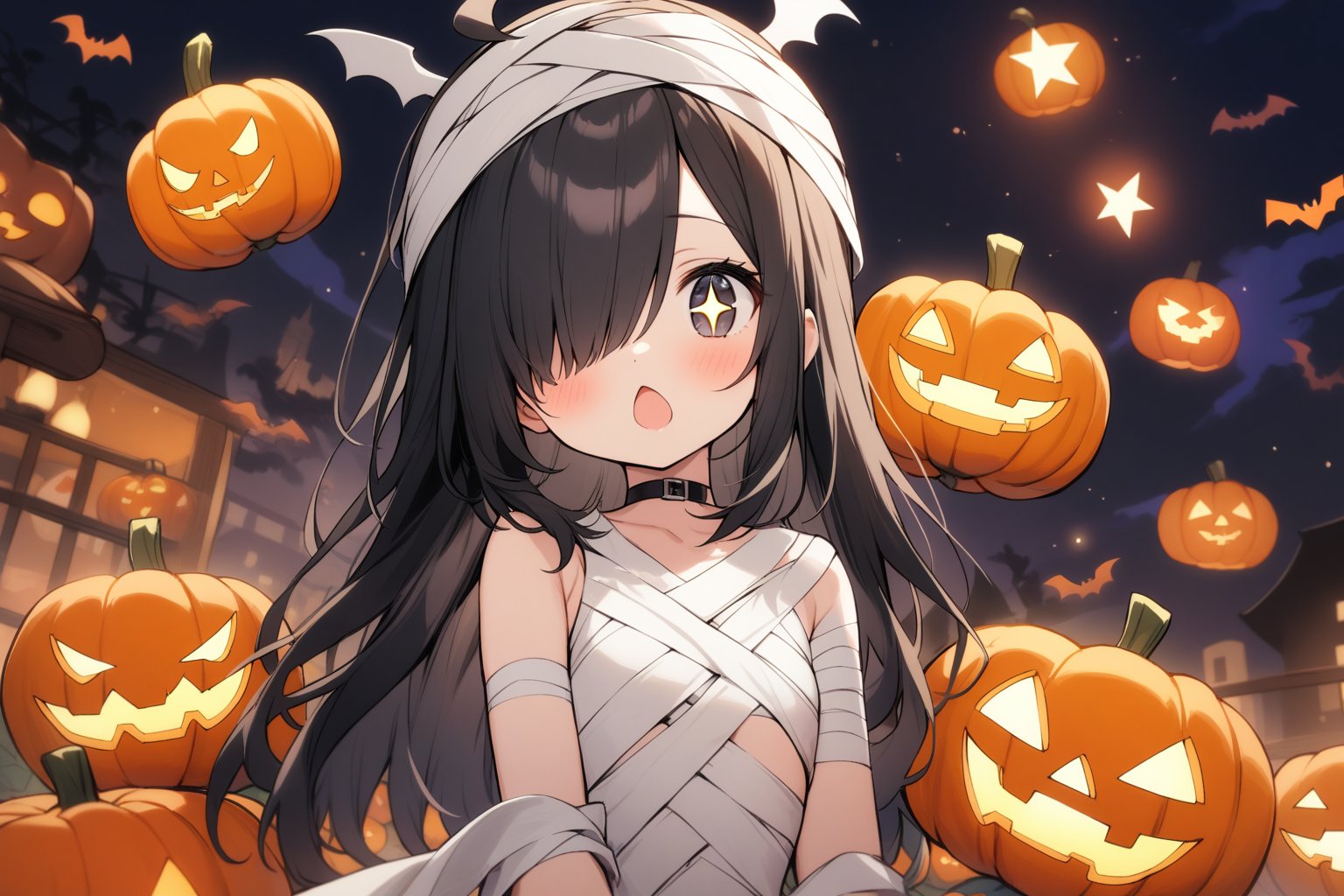 1 little girl, solo, upper body, diagonal angle,
black hair, long hair, ahoge, (hair over one eye:1.2), black eyes, +_+, chestnut mouth, smile, cheerful, 
choker, white kimono, bandage outfit, Bandage headwear, Bandage Wrap, 
ghosts, >_<,
halloween, night, pumpkins, bats,
masterpiece, best quality, very aesthetic,