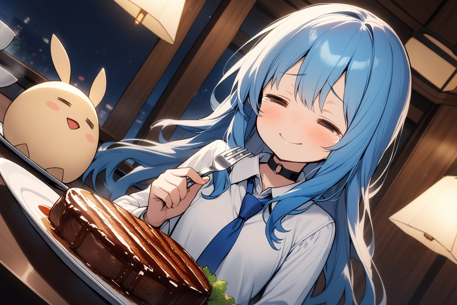 1 little girl, solo, upper body, diagonal angle,
blue hair, long hair, =_=, closed mouth, smile, cheerful, tears,
choker, white shirt, long sleeves, blue tie, closed neck,
humpty dumpty,
steak, chewing, mouthful,
Holding fork,
in fine dining steakhouse, night, illumination,
masterpiece, best quality, very aesthetic