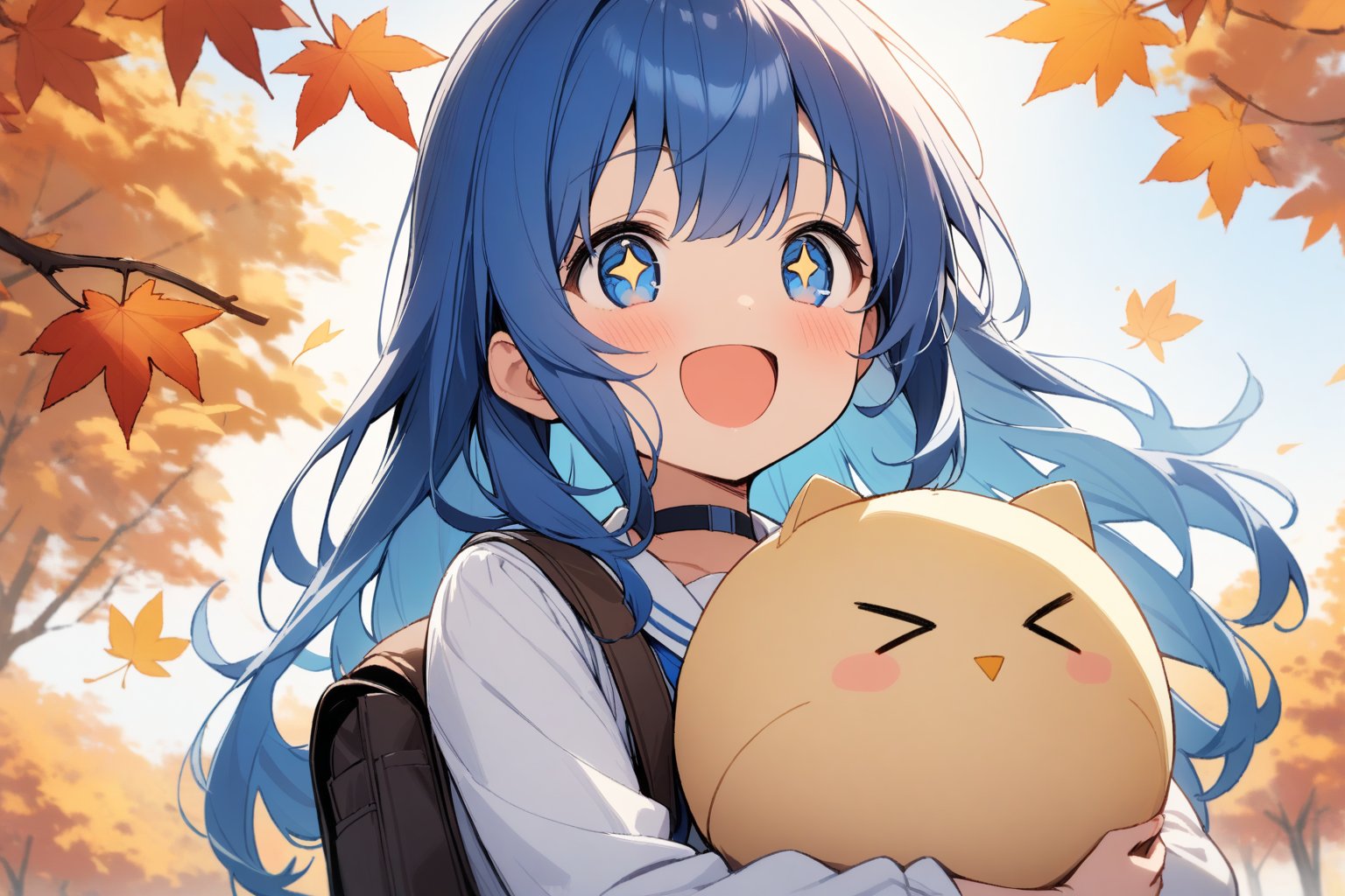 1 little girl, solo, upper body, diagonal angle, 
blue hair, long hair, blue eyes, +_+, open mouth, smile, cheerful,
choker, white shirt, long sleeves, blue tie, closed neck,
hugging a humpty dumpty, >_<,
Carry a backpack, 
Autumn Clear Skies, autumn,
masterpiece, best quality, very aestheric,