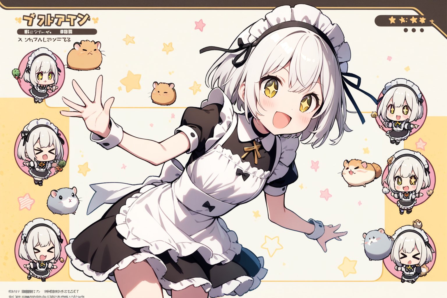 1 little girl, solo, (character_sheet:1.5),
white hair, short hair, yellow eyes, +_+, open mouth, smile, cheerful,
choker, maid outfit, maid headdress, 
hamsters, >_<,
masterpiece, best quality, very aestheric,