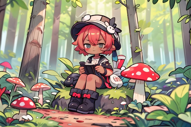 Prompt: Dark skinned red head girl with a mushroom outfit and mismatched black and white boots in a forest trail, sitting at the far corner