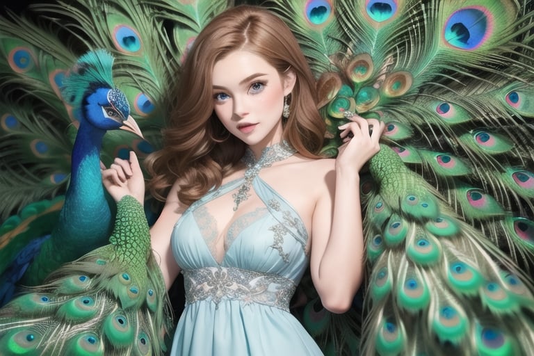 ginger girl with light blue eyes, and a cute peacock themed dress