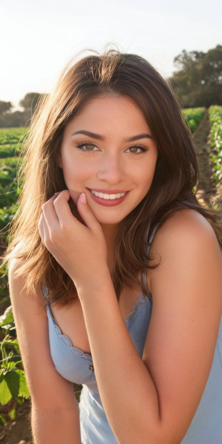 A cheerful Argentinian girl enjoying the Oxnard Strawberry Festival Festival, she has the most beautiful hazel eyes, beaming under the early morning sun of Southern California in the Spring. The scene is accentuated by a lush strawberry Fields in the background. The photo features a cinematic style with a classic Hollywood filter, rendered hyper-realistically as if captured by a Canon EOS 5D Mark IV, exuding a realistic, cinematic vibe.,SUPERMODEL FACE