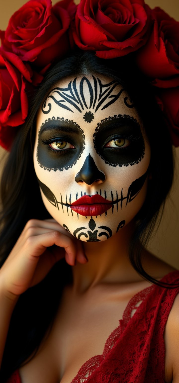 Generate an image of a beautiful Catrina, her face is a sugar skull with intricate, white makeup. Deep eye contact with the viewer, framed by striking black designs that dance around her green eyes. A luxurious, warm glow illuminates the image, highlighting the deep red hue of her lips and the ornate patterns that adorn her facial features. Hear head is adorned with a crown of deep red roses. raw_photo,Latina,voluptuous,curvy