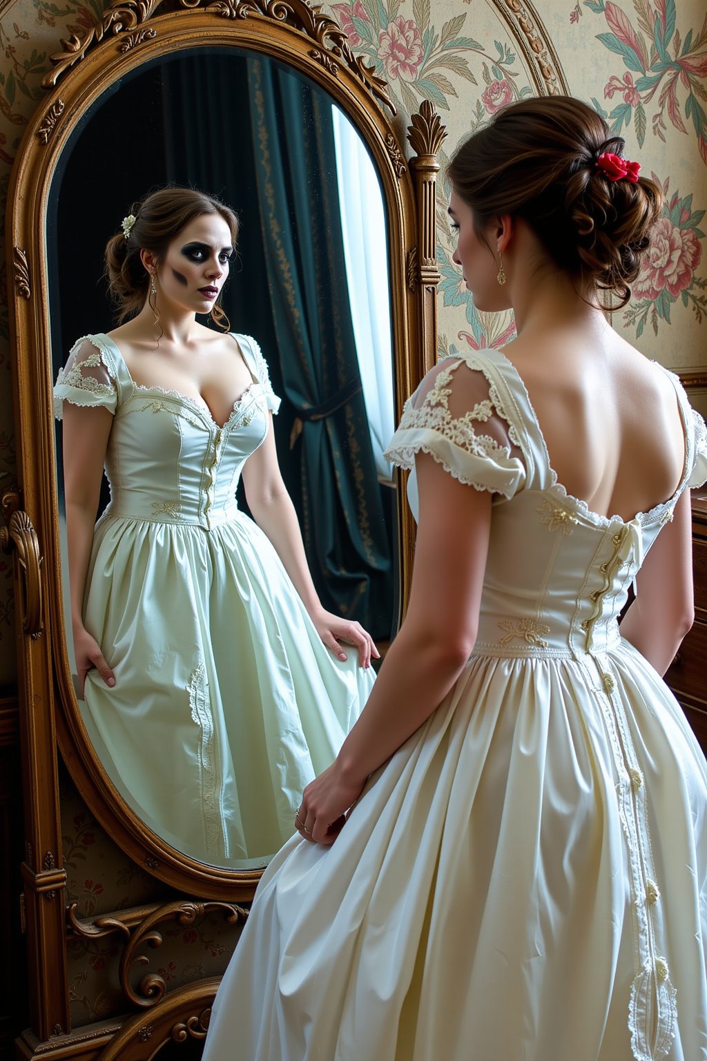 High quality, 4k, masterpiece, realistic. Generate an image of a beautiful woman from the 1700s in a white lace nightgown. She is looking at herself in her bedroom mirror, the viewer sees that her reflection is a dead and deceomposing version of her. Dead woman in reflection 