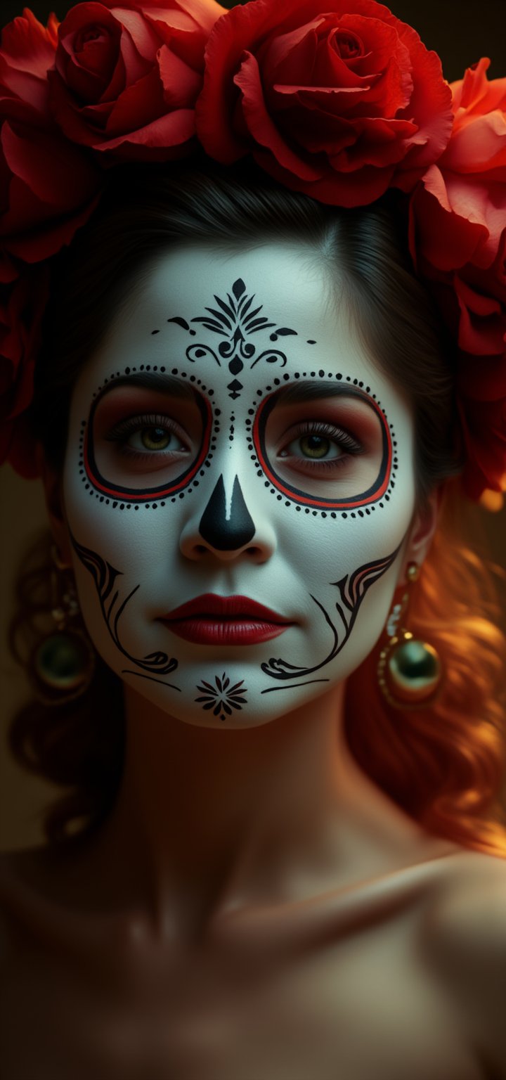 Generate an image of a beautiful Catrina, her face is a sugar skull with intricate, white makeup. Deep eye contact with the viewer, framed by striking black designs that dance around her green eyes. A luxurious, warm glow illuminates the image, highlighting the deep red hue of her lips and the ornate patterns that adorn her facial features. Hear head is adorned with a crown of deep red roses. raw_photo