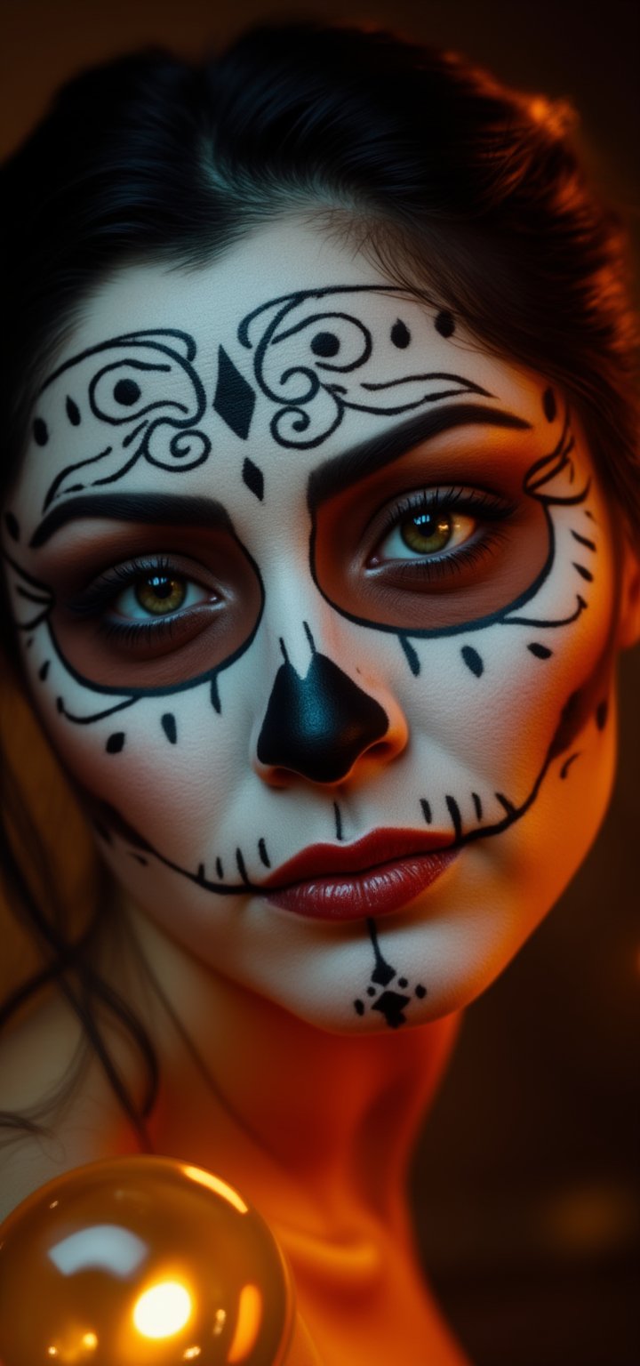 Generate an image of a beautiful Catrina, her face transformed into an exquisite sugar skull with intricate, almost translucent white makeup. Her piercing gaze shines forth, framed by striking black designs that dance around her green eyes. A luxurious, warm glow illuminates the image, highlighting the deep red hue of her lips and the ornate patterns that adorn her facial features. raw_photo