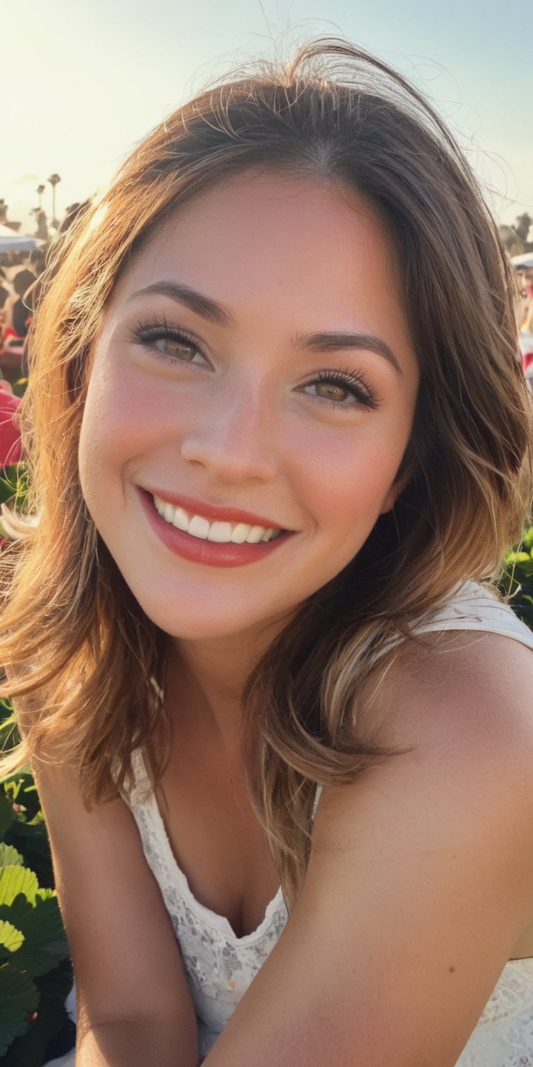 A cheerful Argentinian girl enjoying the Oxnard Strawberry Festival Festival, she has the most beautiful hazel eyes, beaming under the early morning sun of Southern California in the Spring. The scene is accentuated by a lush strawberry Fields in the background. The photo features a cinematic style with a classic Hollywood filter, rendered hyper-realistically as if captured by a Canon EOS 5D Mark IV, exuding a realistic, cinematic vibe.