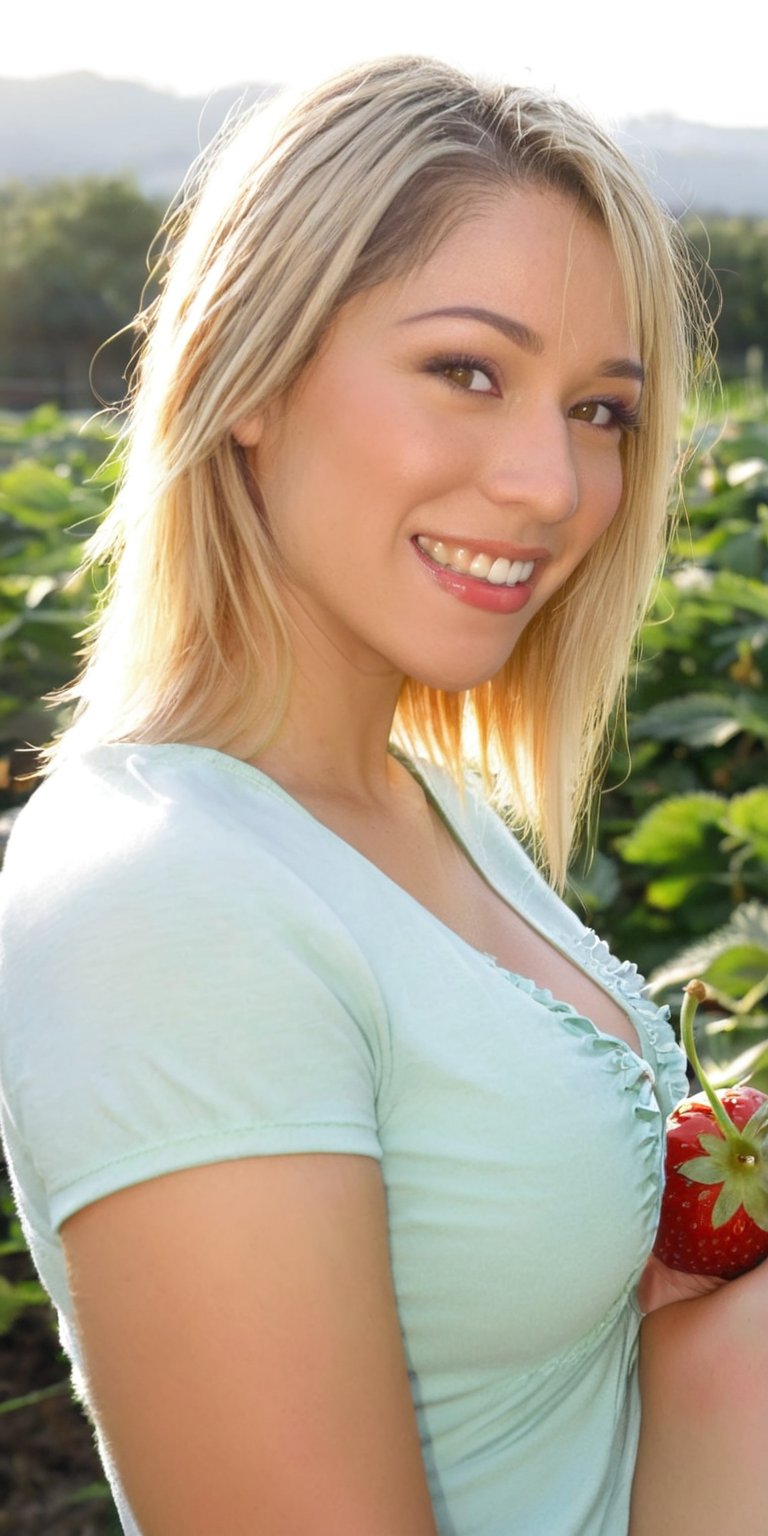 A cheerful Argentinian girl enjoying the Strawberry Festival Festival, Karli, ((she has the most beautiful hazel eyes, blonde hair)), beaming under the early morning sun of Southern California in the Spring. The scene is accentuated by a lush strawberry Fields in the background. The photo features a cinematic style with a classic Hollywood filter, rendered hyper-realistically as if captured by a Canon EOS 5D Mark IV, exuding a realistic, cinematic vibe.