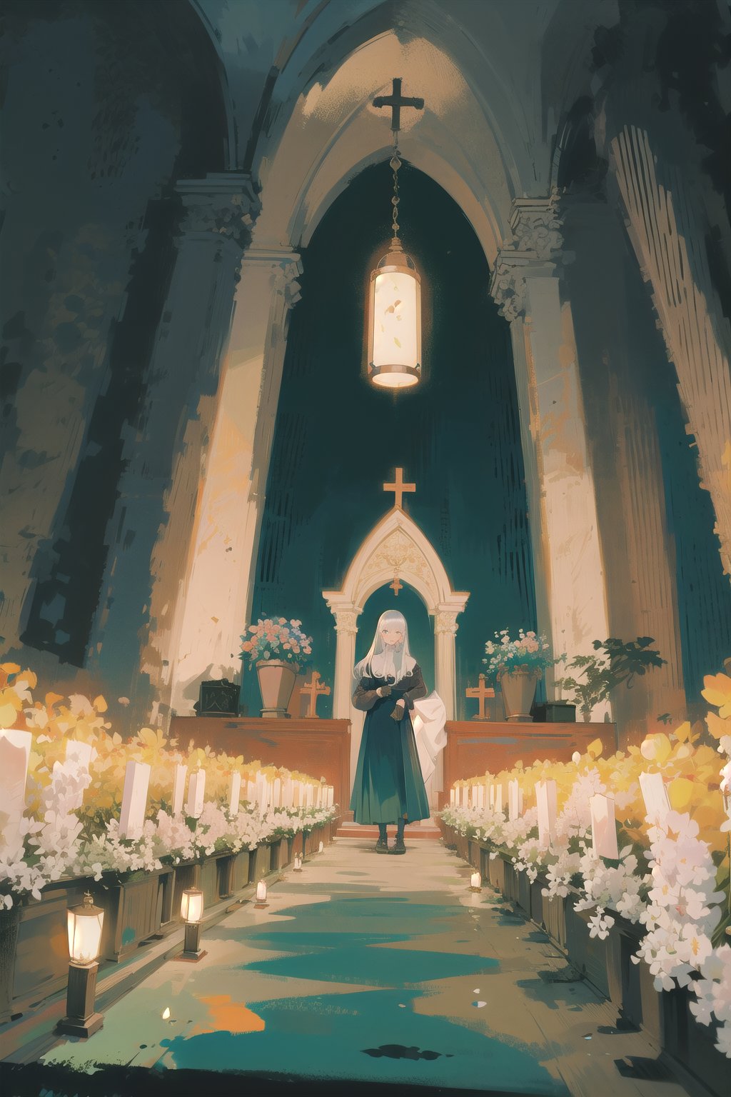 score_9, score_8_up, score_8, ancient, flowers, evening, church, lamps, nature, tarot artstyle, candles, blue and green color palette, temple