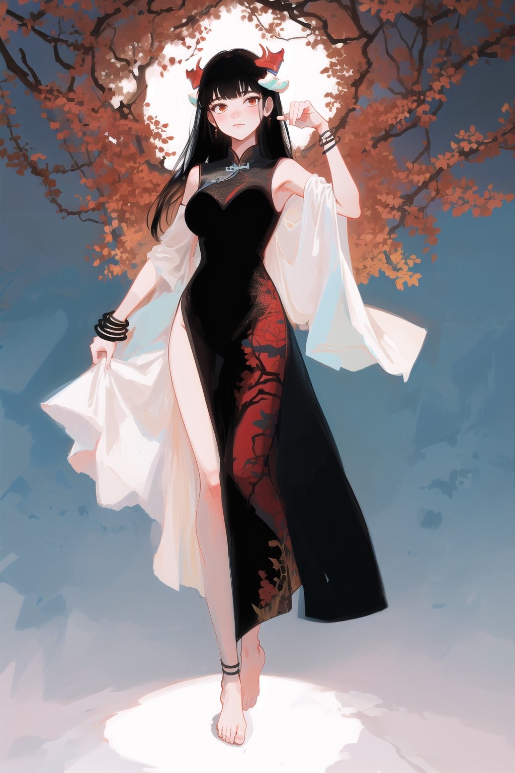 (high quality:1.3), full body, red stocking, large breasts, black bracelet, (sleeveless chinese dress:1.3), Goddess in white dress, black hair, long hair, large breasts, foot bracelet, barefoot, full body, black bracelet, simple background, garden, vines and leaves, trees, standing, chinese_clothes, dress patterns, black wings, demon horns, red horns, gradient colors, vivid colors, Goddess in white dress, black hair, long hair, large breasts, foot bracelet, barefoot, full body, black bracelet, simple background, garden, vines and leaves, trees, standing