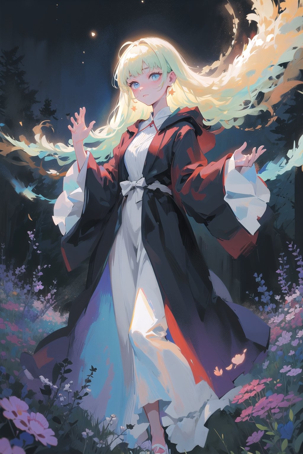 In a forest clearing,  surrounded by ancient trees,  a woman dressed in robes stands. The meadow around her is filled with...