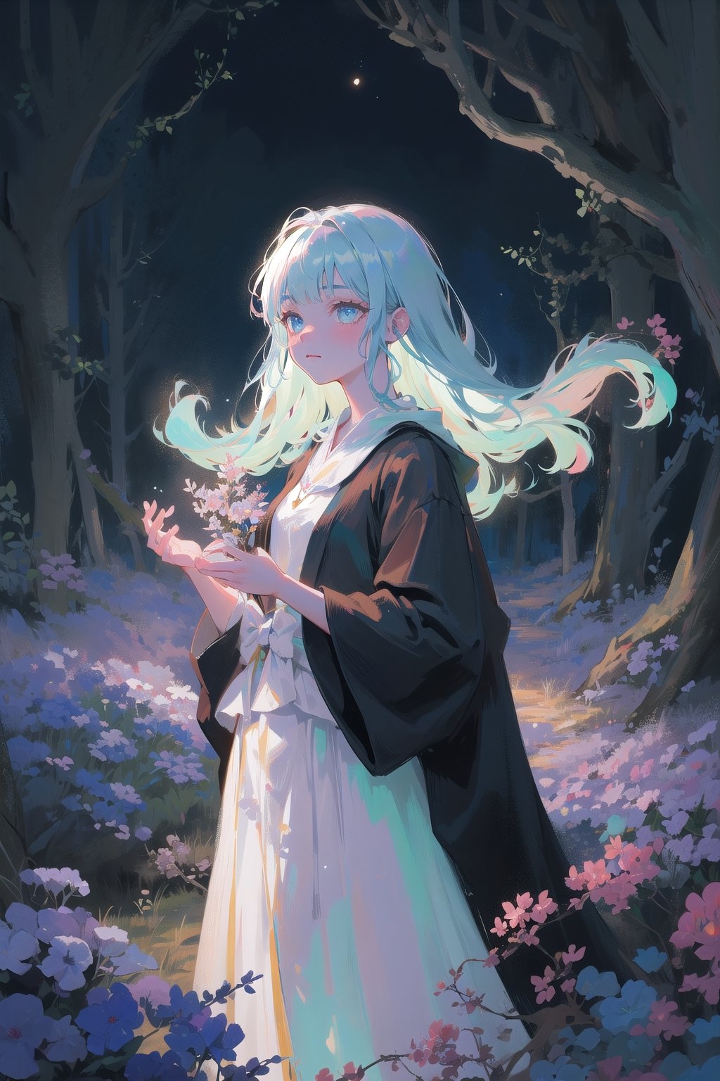 In a forest clearing,  surrounded by ancient trees,  a woman dressed in robes stands. The meadow around her is filled with...
