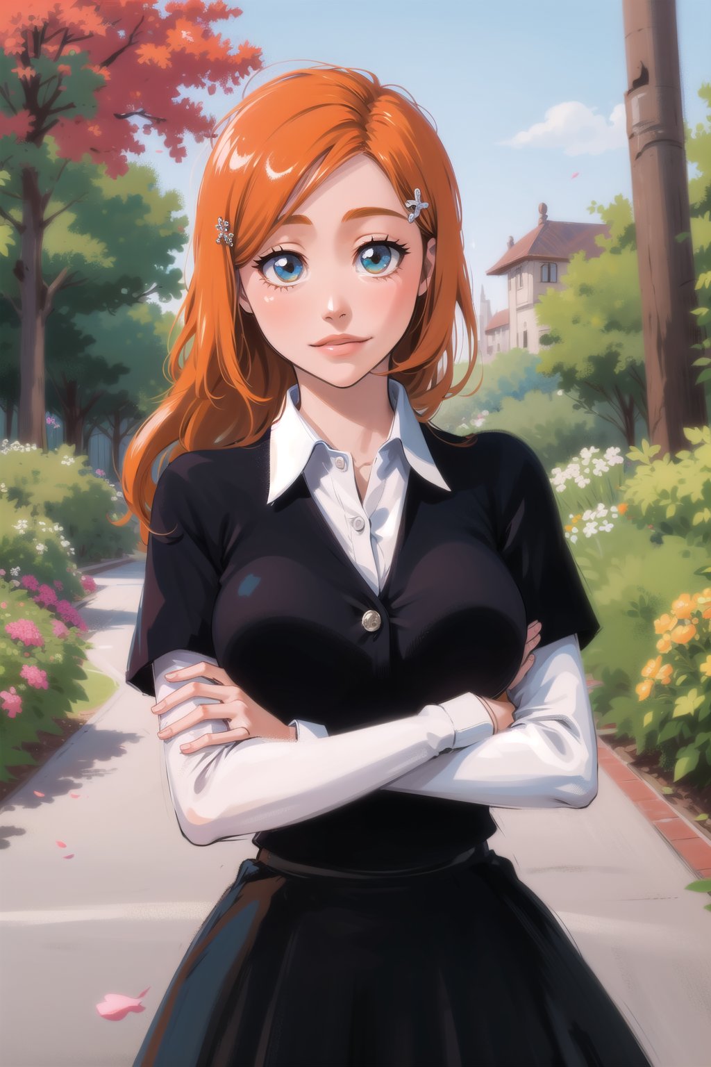 1girl, garden, beautiful, long hair, long skirt, collared shirt, cute, orihime, orange hair, ginger, large breasts, hair clip, hair ornament, crossed arms, cute, clear eyes, smile, looking at viewer, black skirt, cyan collared shirt,