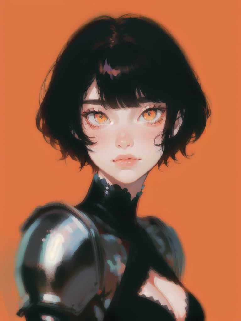 1girl, short hair, upper body, detailed face, simple background, orange background, dress, cleavage, black armor