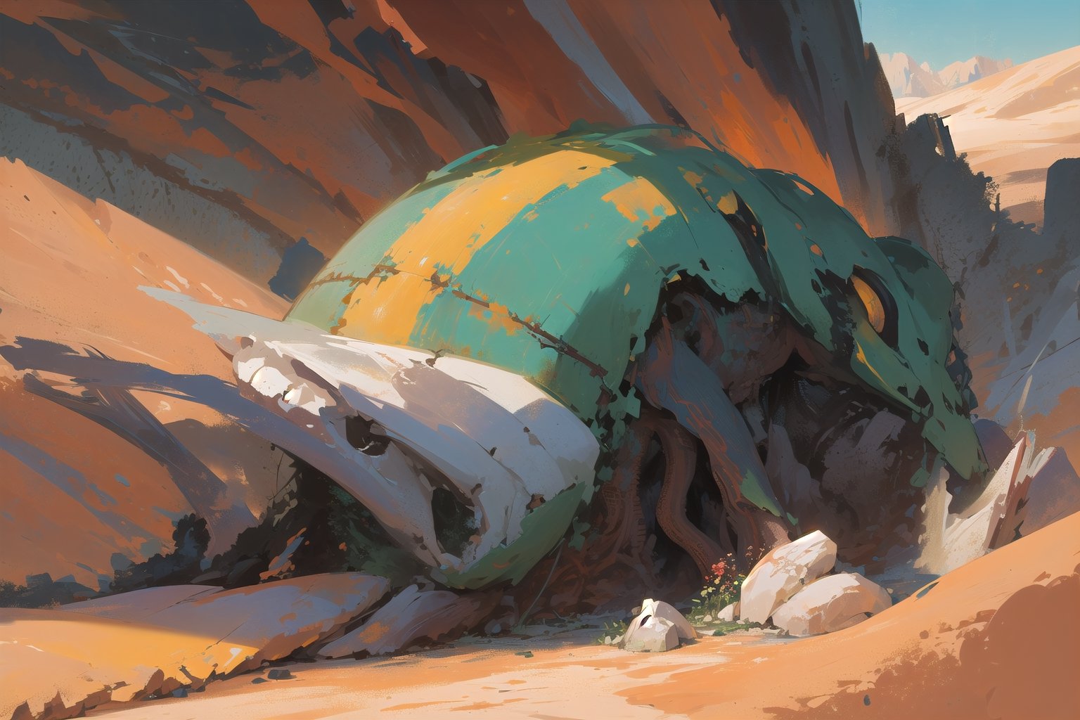 Amidst the desolation of the desert,  a once-mighty mecha lies in ruin,  battered by the relentless passage of time. Its o...