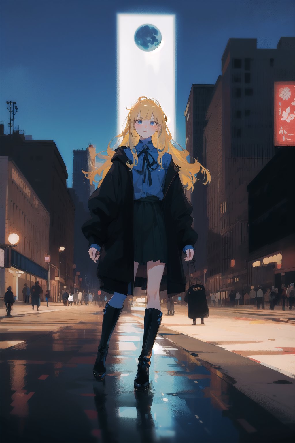 1girl, long hair, detailed face, blue background, blond hair, full body, asphalt, full body, (city:1.2), blue and black clothes, ribbon in hair, full body, black boots, solo, city, tarot artstyle, city, blue color palette, buildings, vibrant colors, dark theme, moon, asphalt floor, reflections, pale skin, asphalt, ,anime