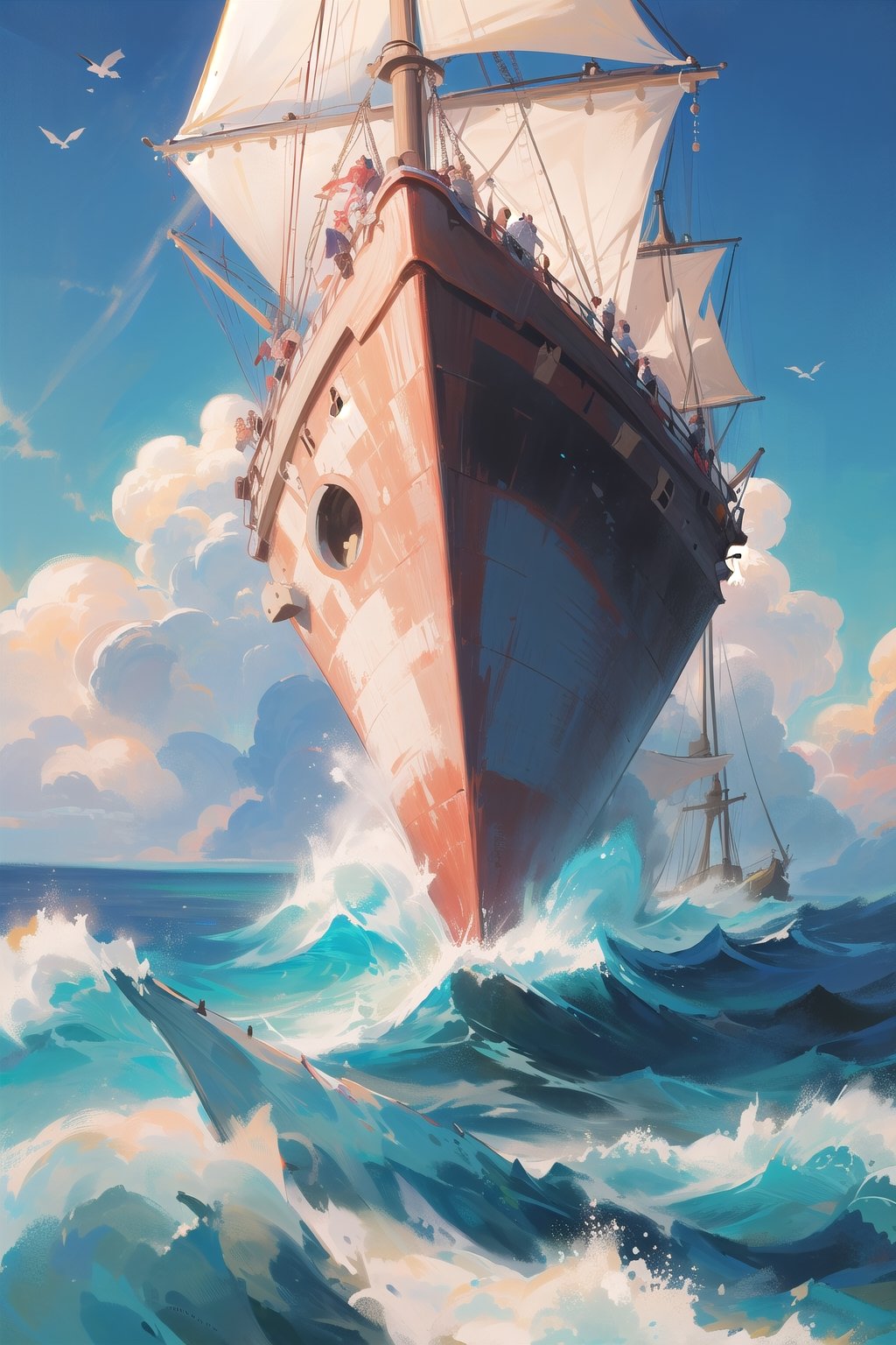 In the vast expanse of the open sea,  a colossal sea serpent emerges from the depths,  its sinuous form cutting through th...