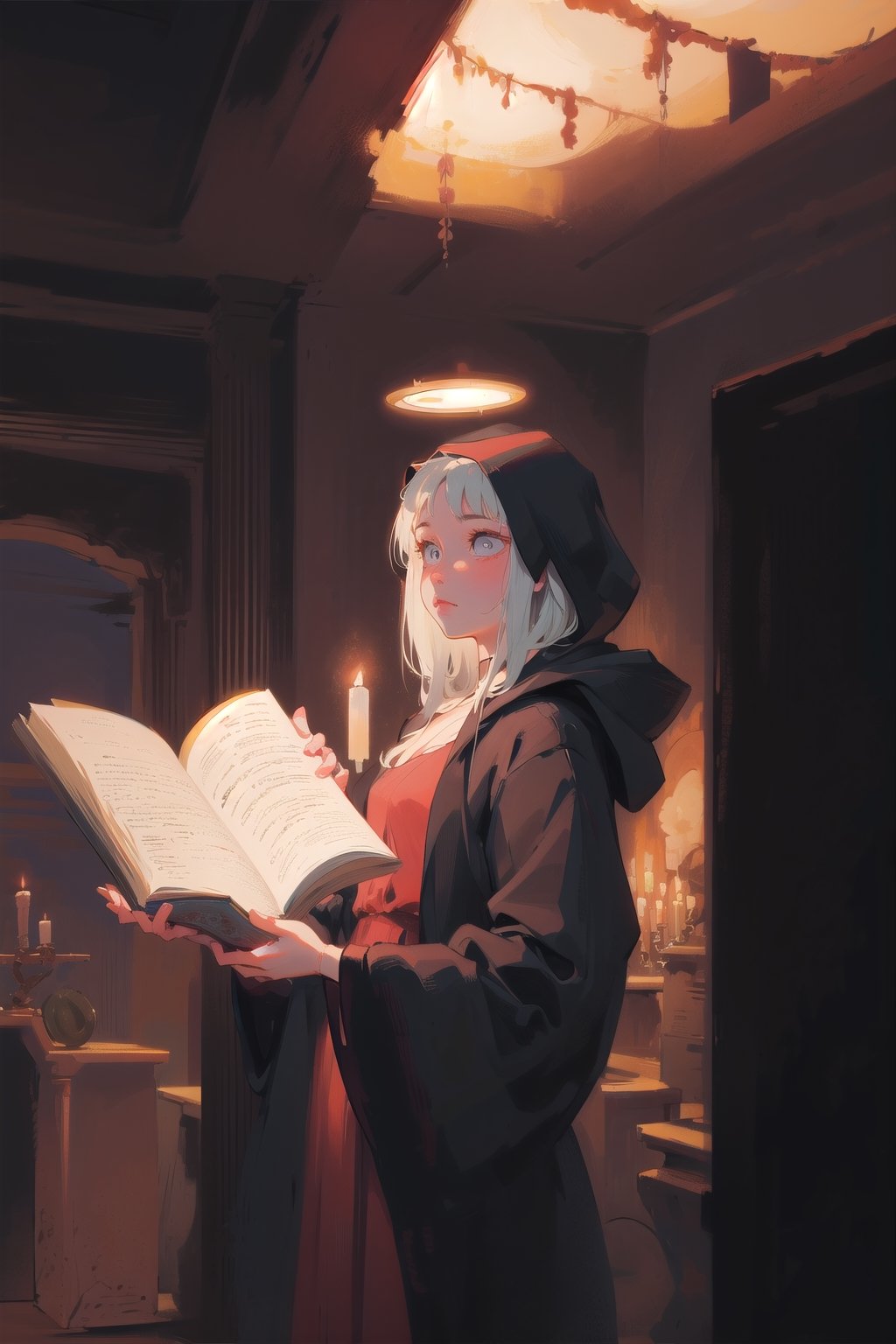 Within the hallowed confines of a chamber lost to time,  an enigmatic young sorceress communes with the esoteric. Her silh...